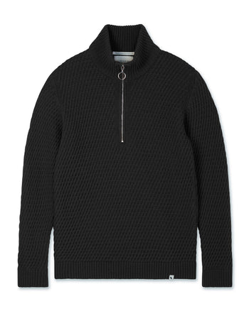 Image of model wearing Birchall Quarter Zip Jumper. 