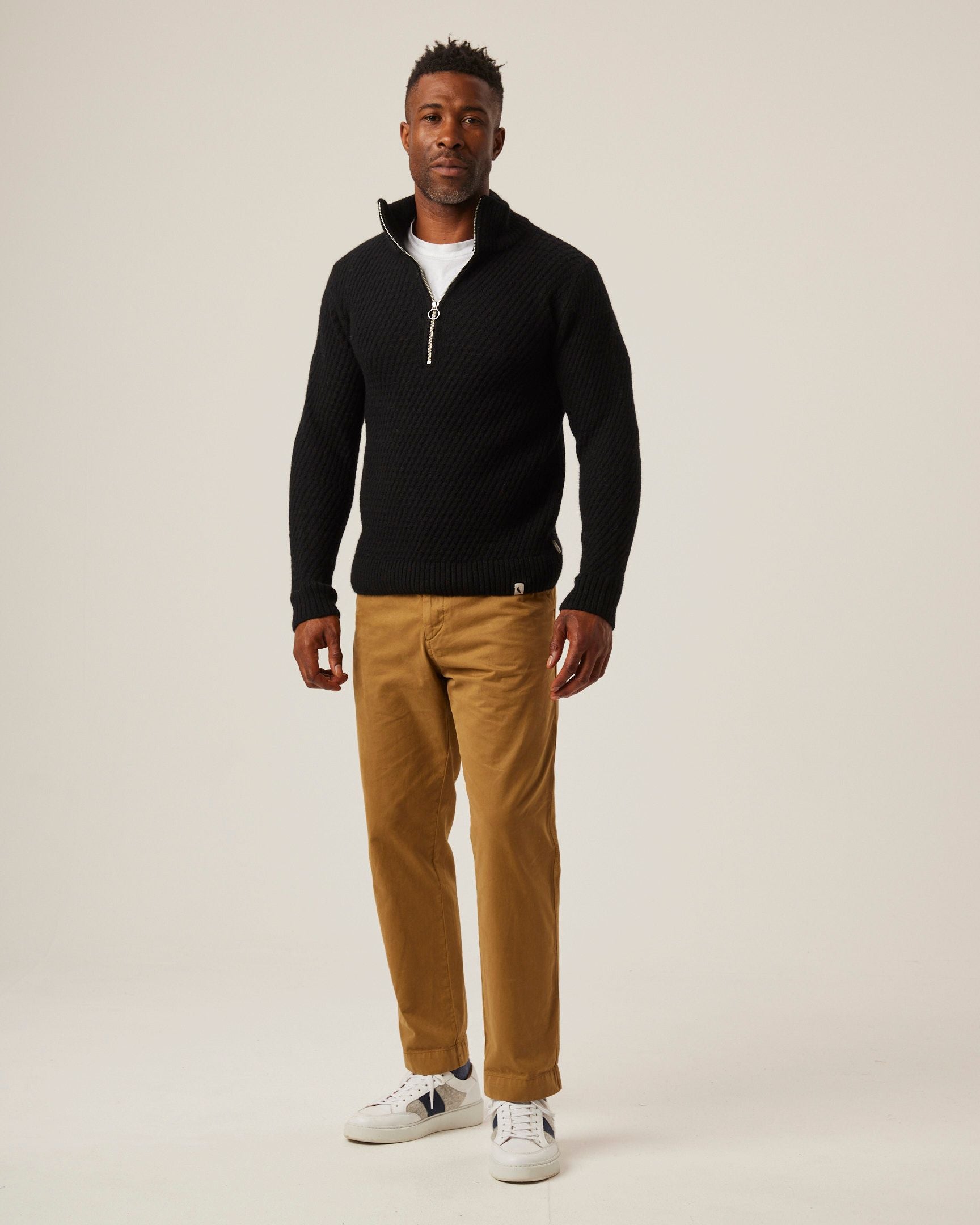 Image of model wearing Birchall Quarter Zip Jumper. 