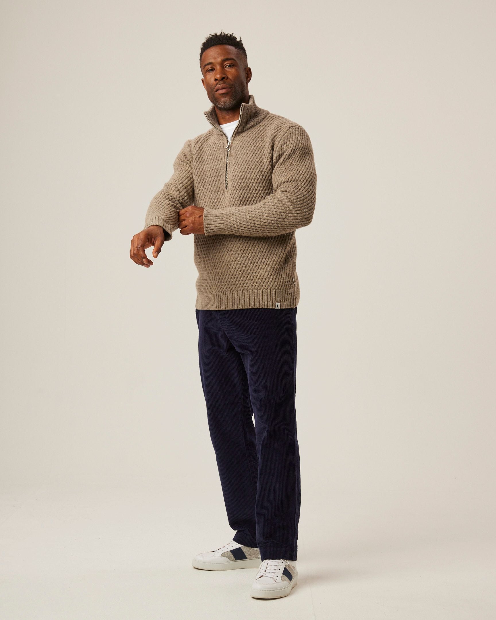 Image of model wearing Birchall Quarter Zip Jumper. 