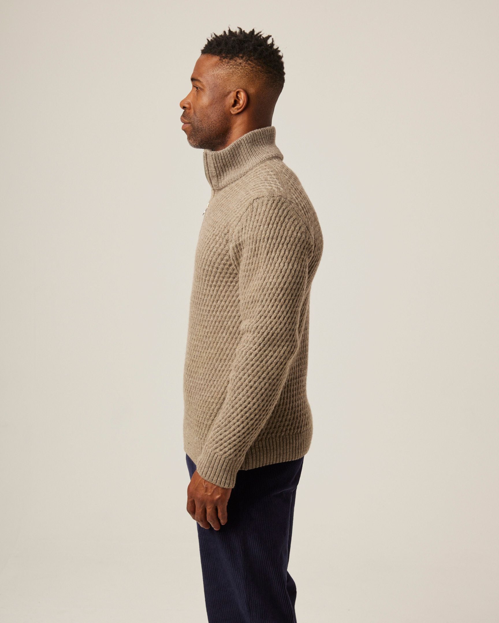Image of model wearing Birchall Quarter Zip Jumper. 