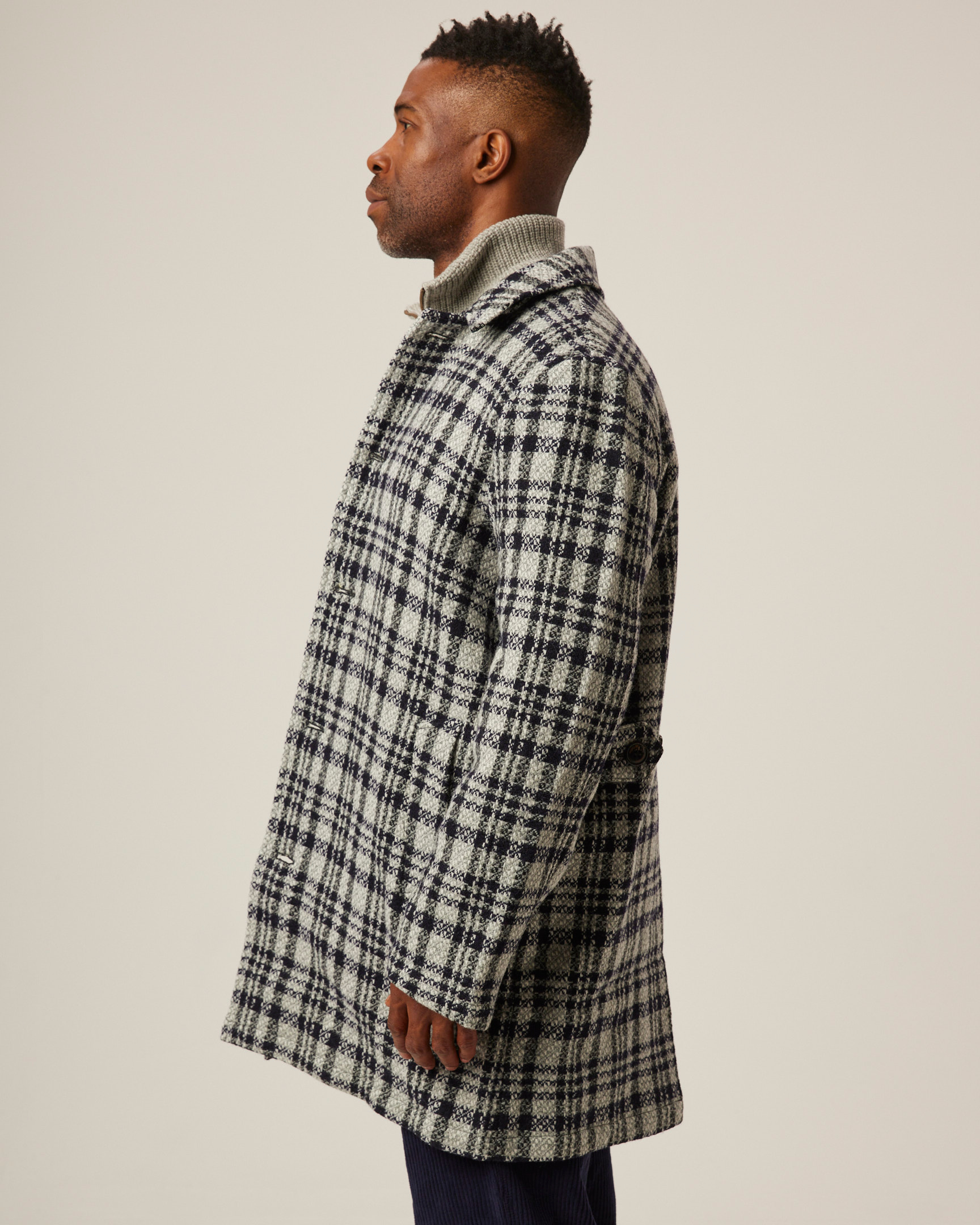 Image of model wearing Emerson Coat. Model is 6ft1in, chest size 38in and wearing size Medium