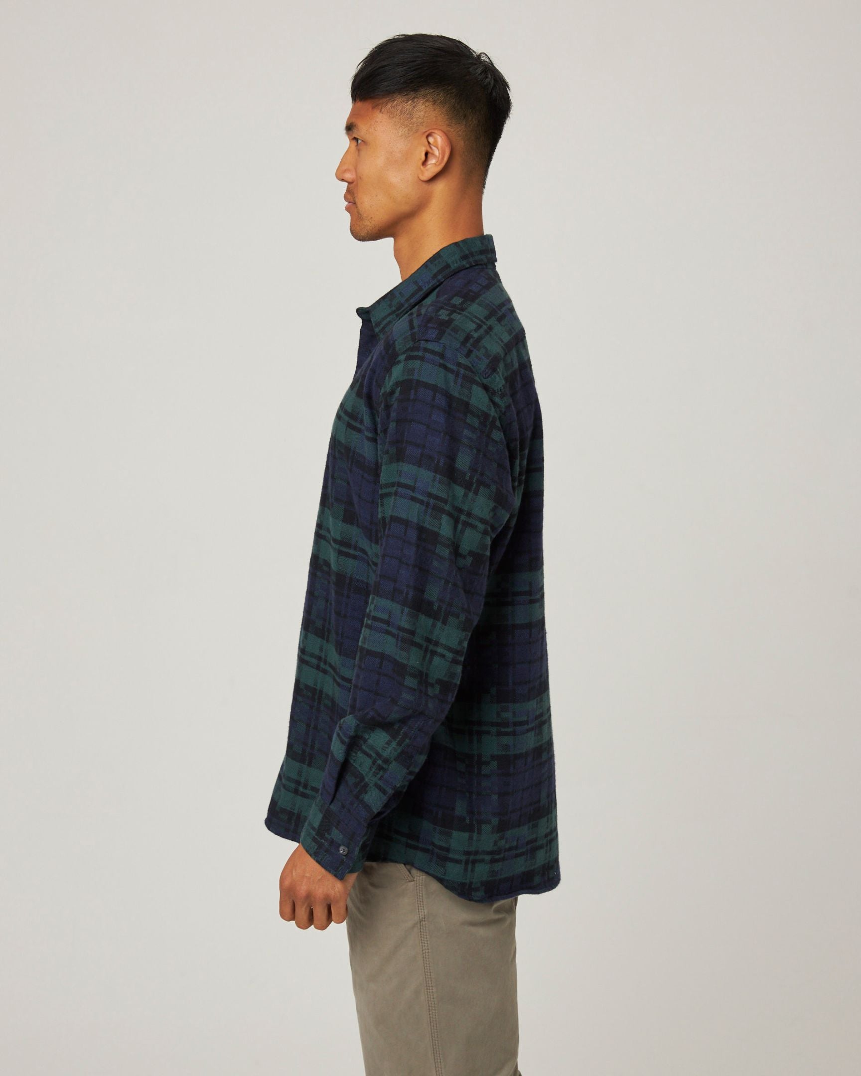 Image of model wearing Farley Shirt. Model is 6ft1in, chest size 38in and wearing size Large