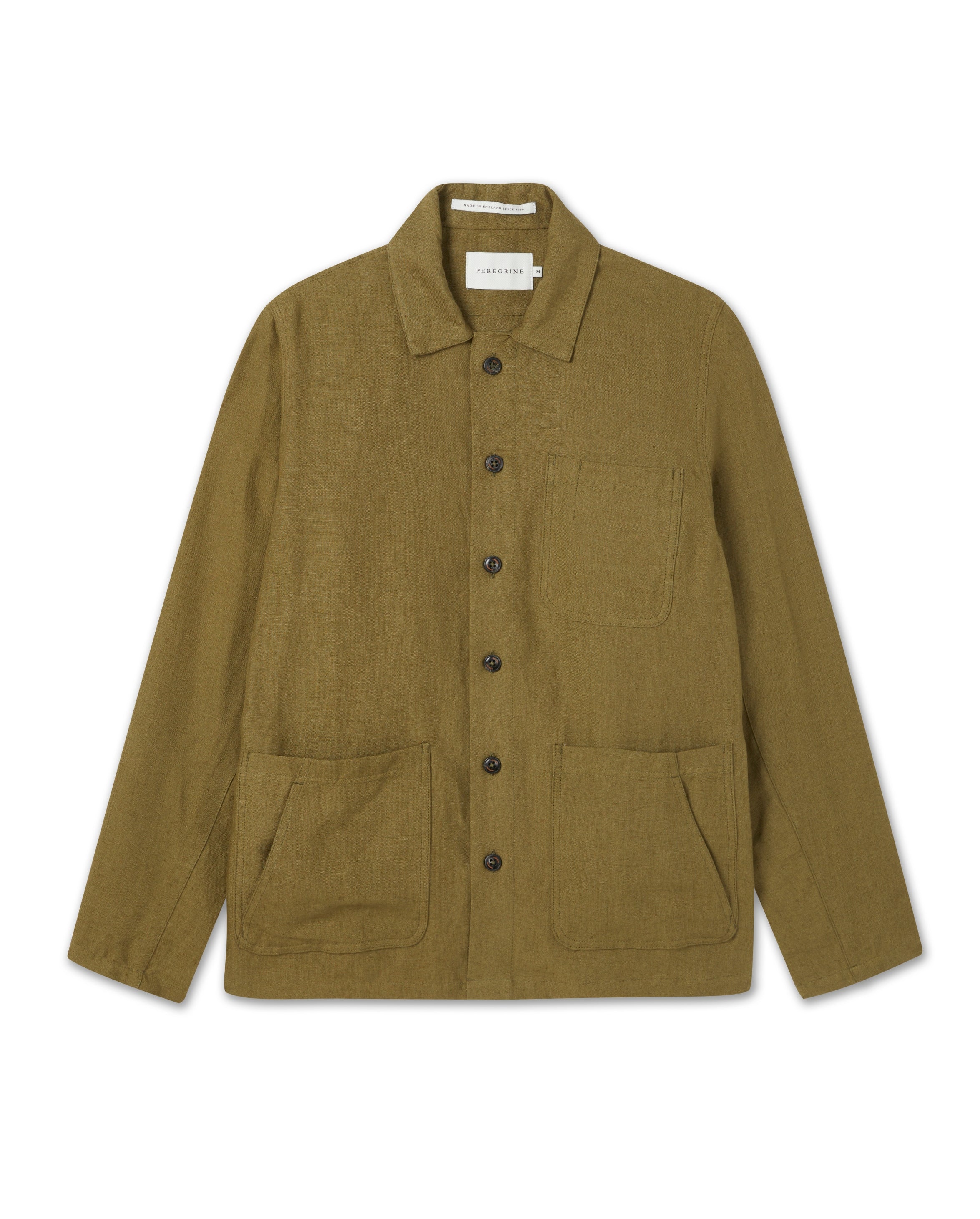 Image of model wearing Grange Linen Shacket. 