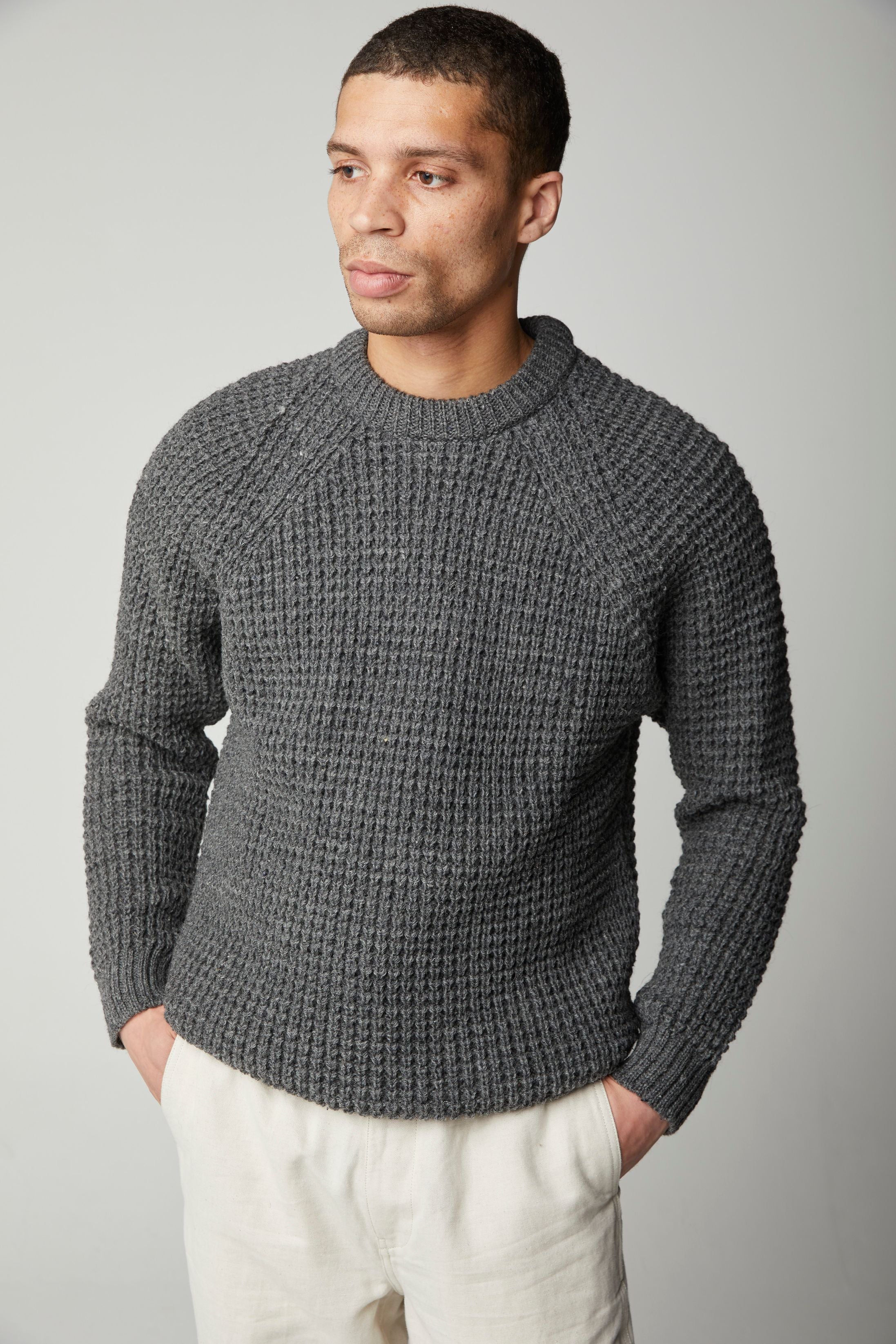 Image of model wearing Waffle Crew Neck Jumper. Model is 6ft, chest size 36in and wearing size Medium