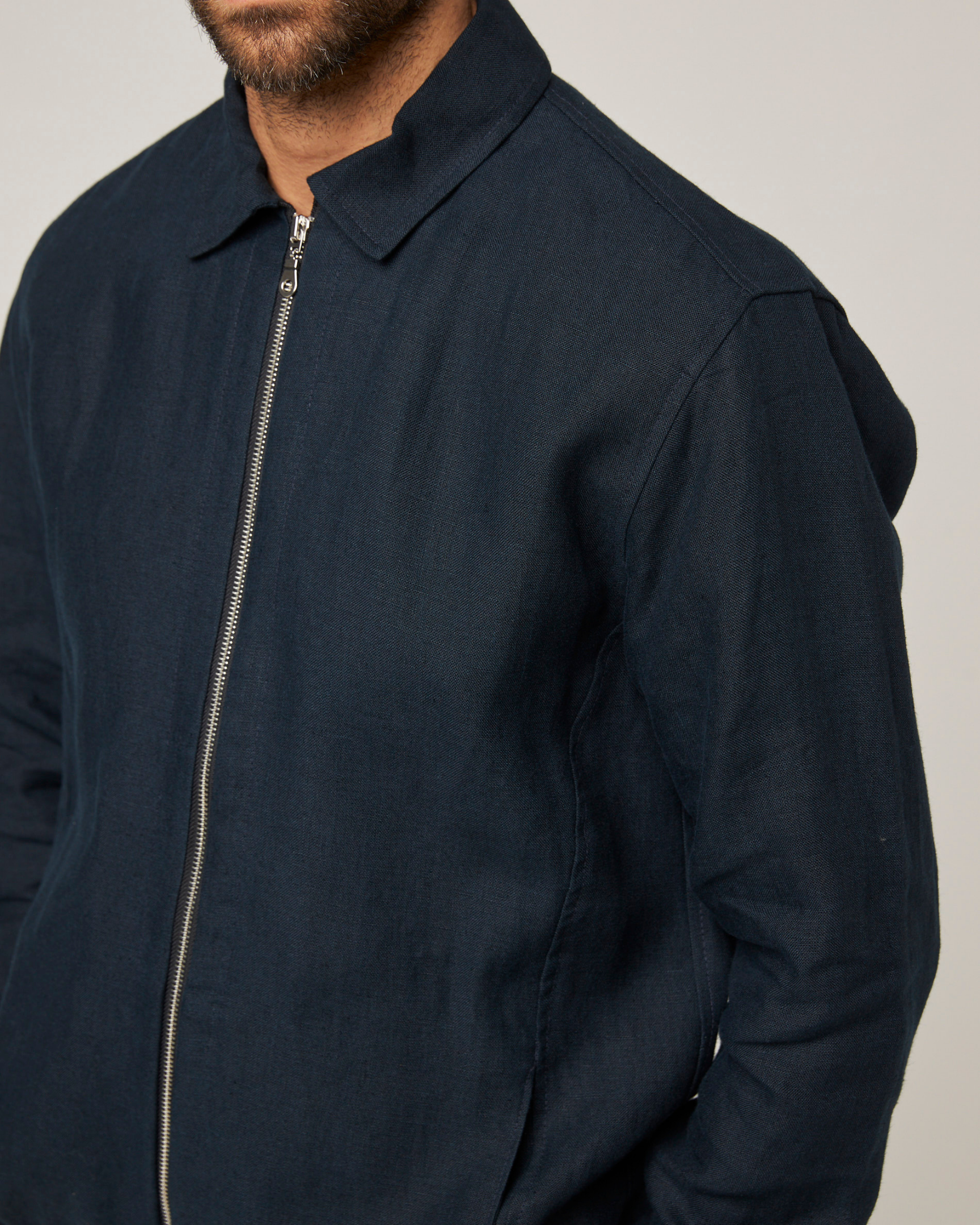 Image of model wearing Heybrook Linen Bomber Jacket . 