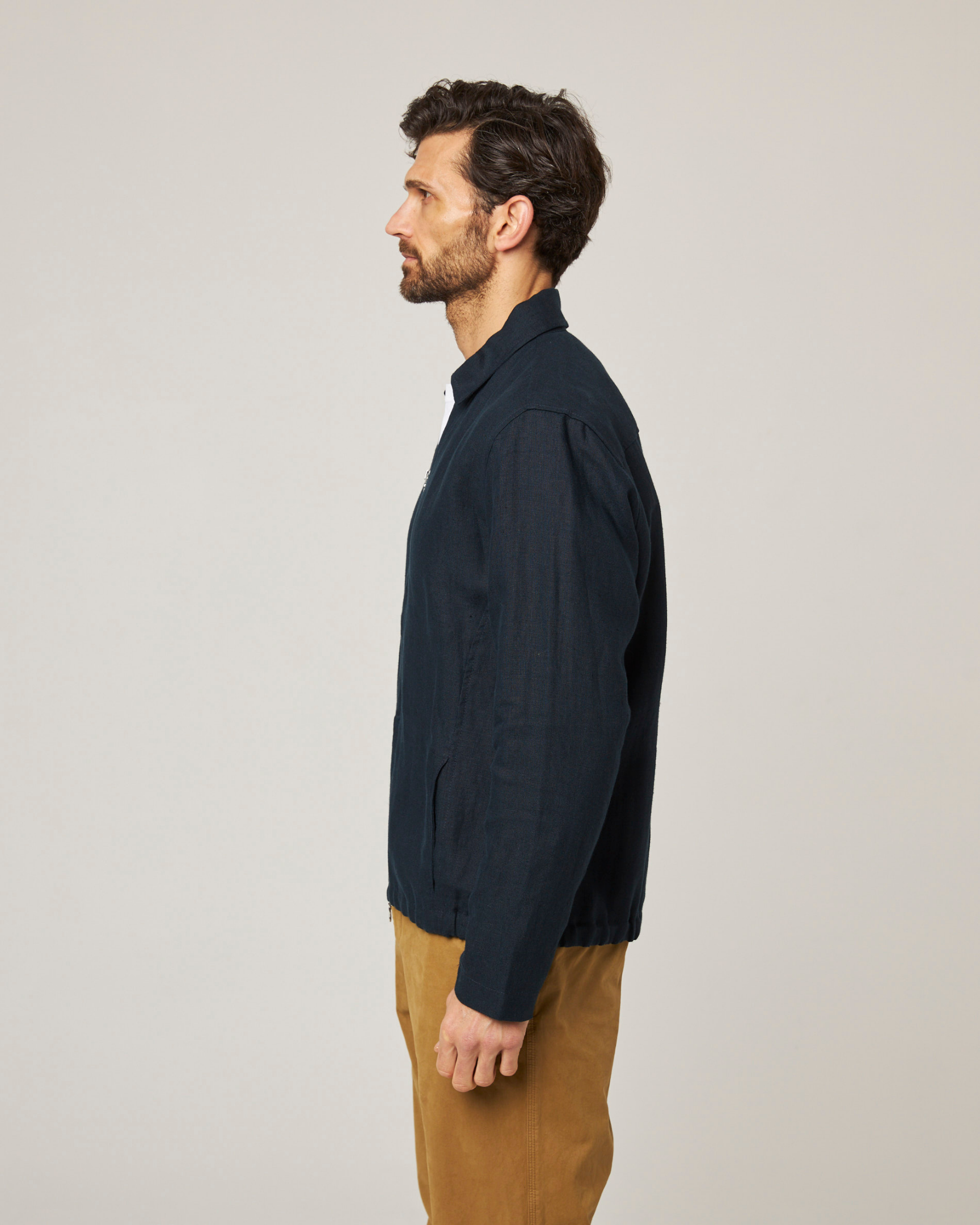 Image of model wearing Heybrook Linen Bomber Jacket . 