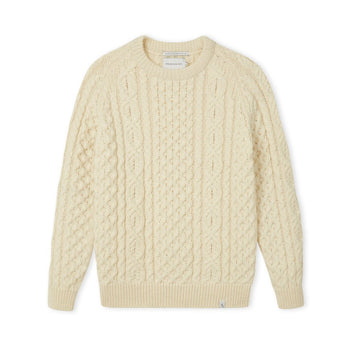 Image of model wearing Hudson Aran Jumper. Model is 6ft1in, chest size 38in and wearing size Large