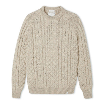 Image of model wearing Hudson Aran Jumper. Model is 6ft, chest size 36in and wearing size Large