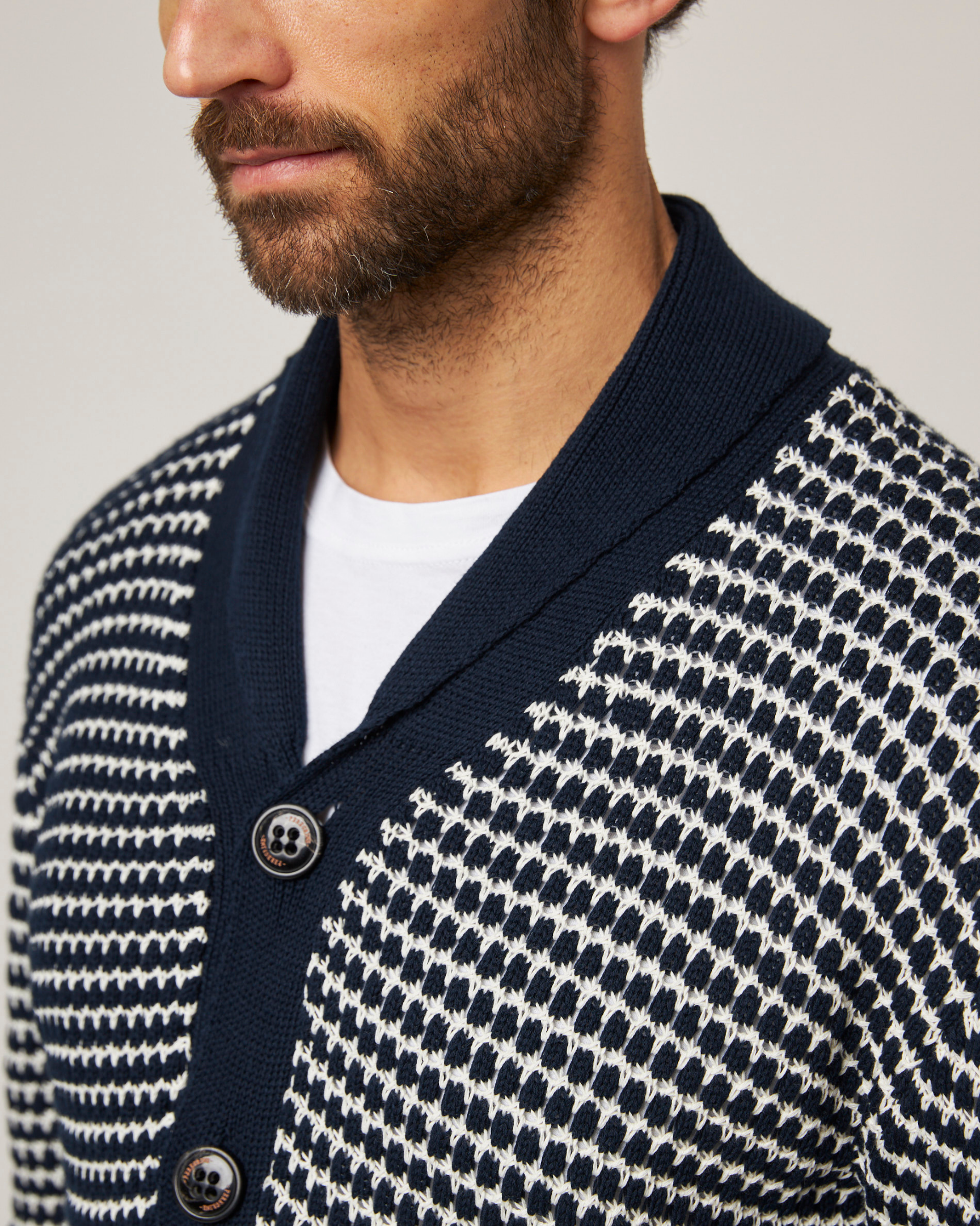 Image of model wearing Island Crochet Cardigan. 