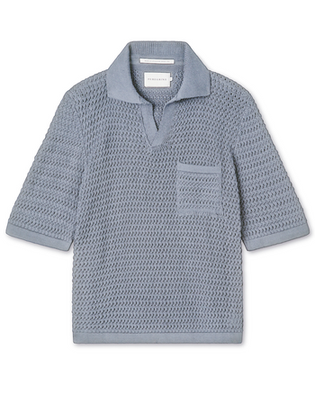 Image of model wearing Island Crochet Polo Shirt. 