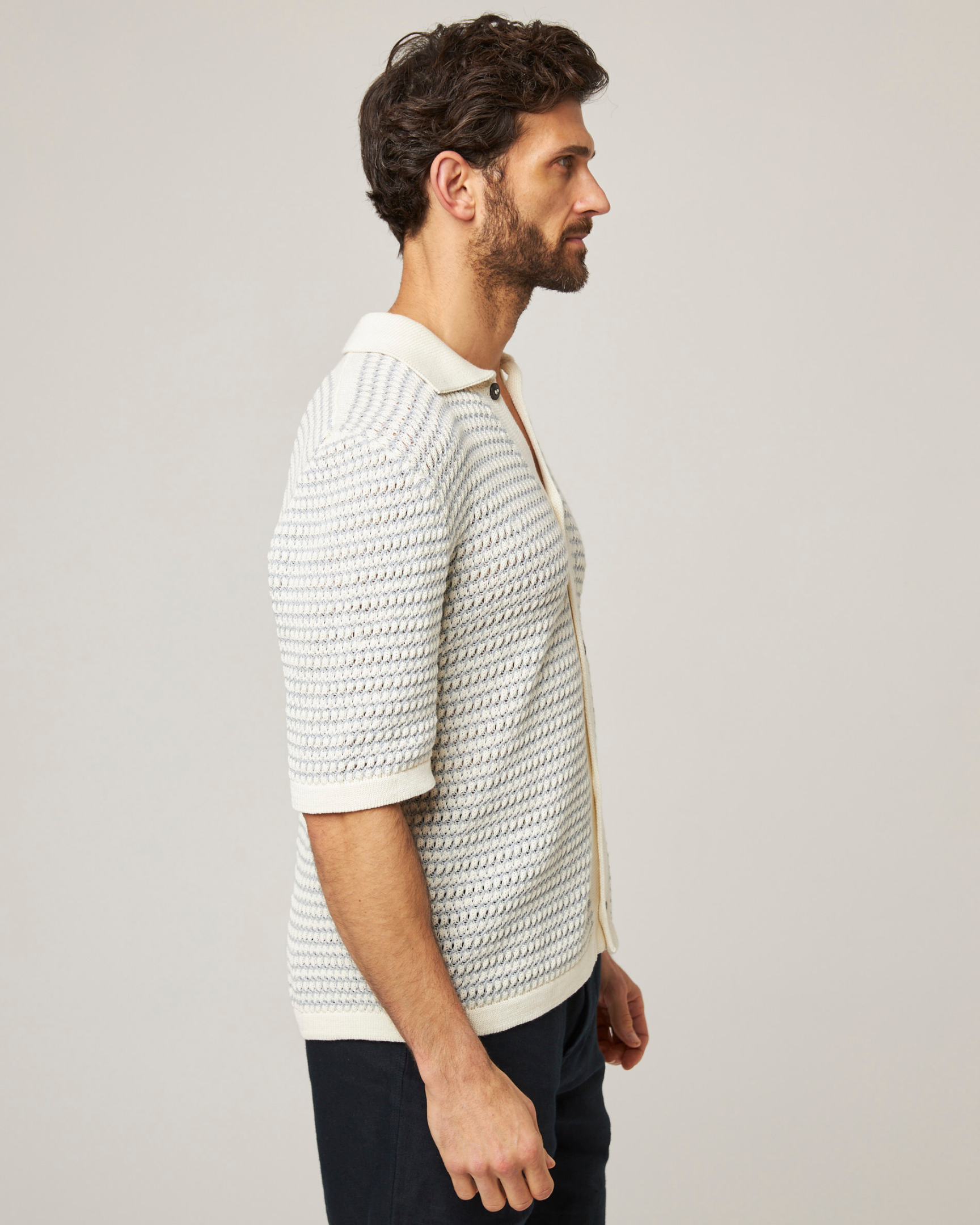 Image of model wearing Island Crochet Shirt. 