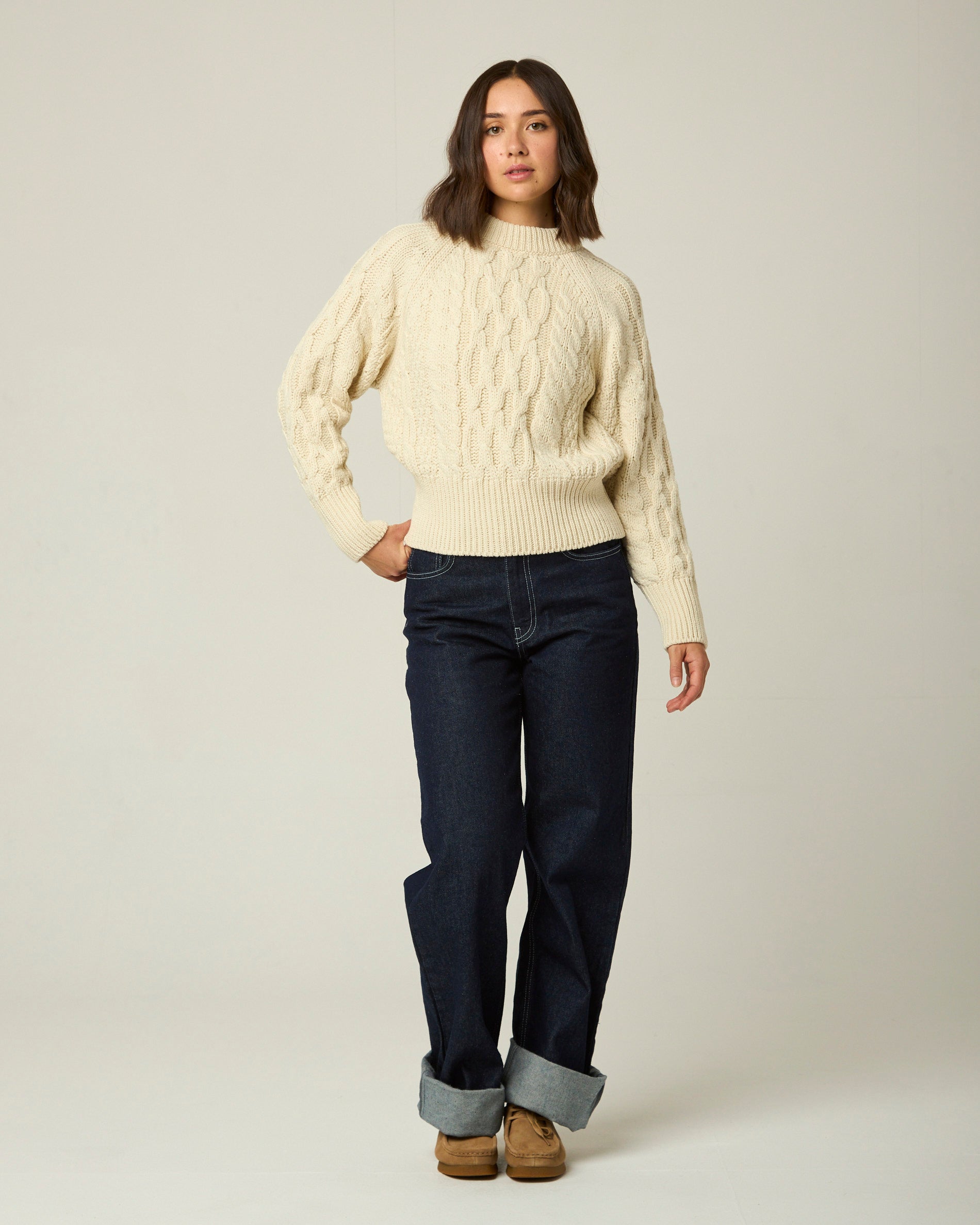 Image of model wearing Isobel Aran Jumper. Model is 5ft8, size UK 8 and wearing size Small