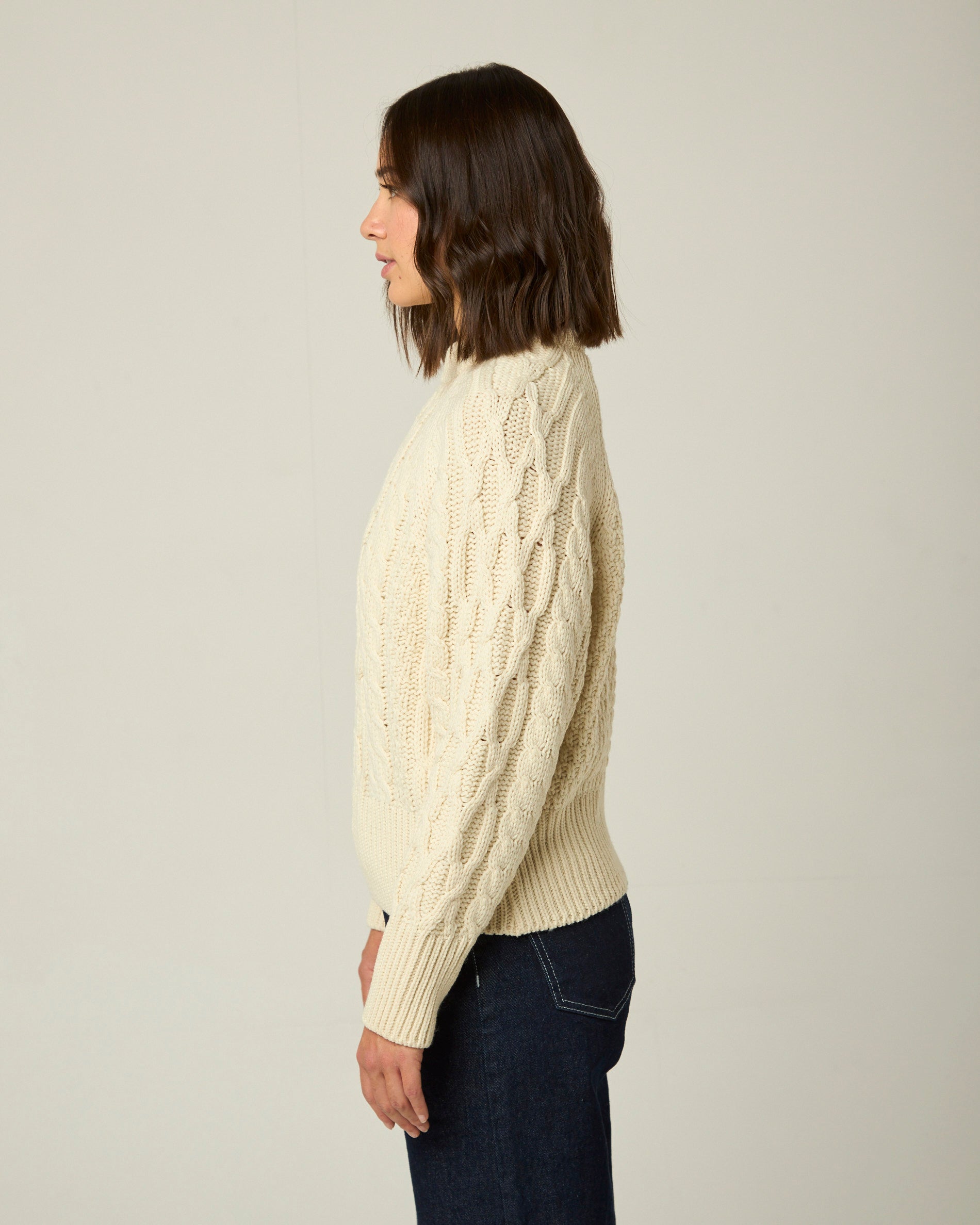 Image of model wearing Isobel Aran Jumper. Model is 5ft8, size UK 8 and wearing size Small