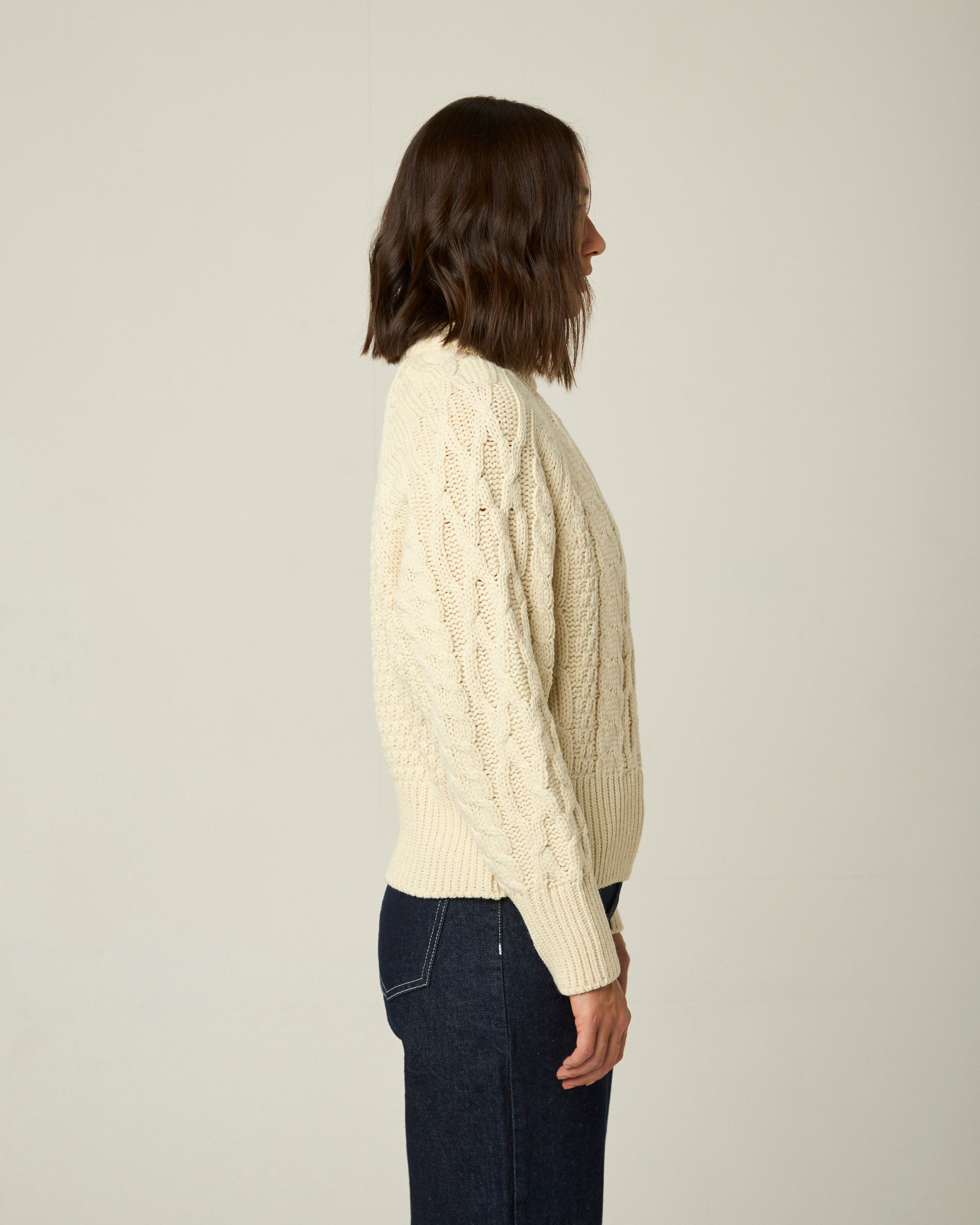 Image of model wearing Isobel Aran Jumper. Model is 5ft8, size UK 8 and wearing size Small