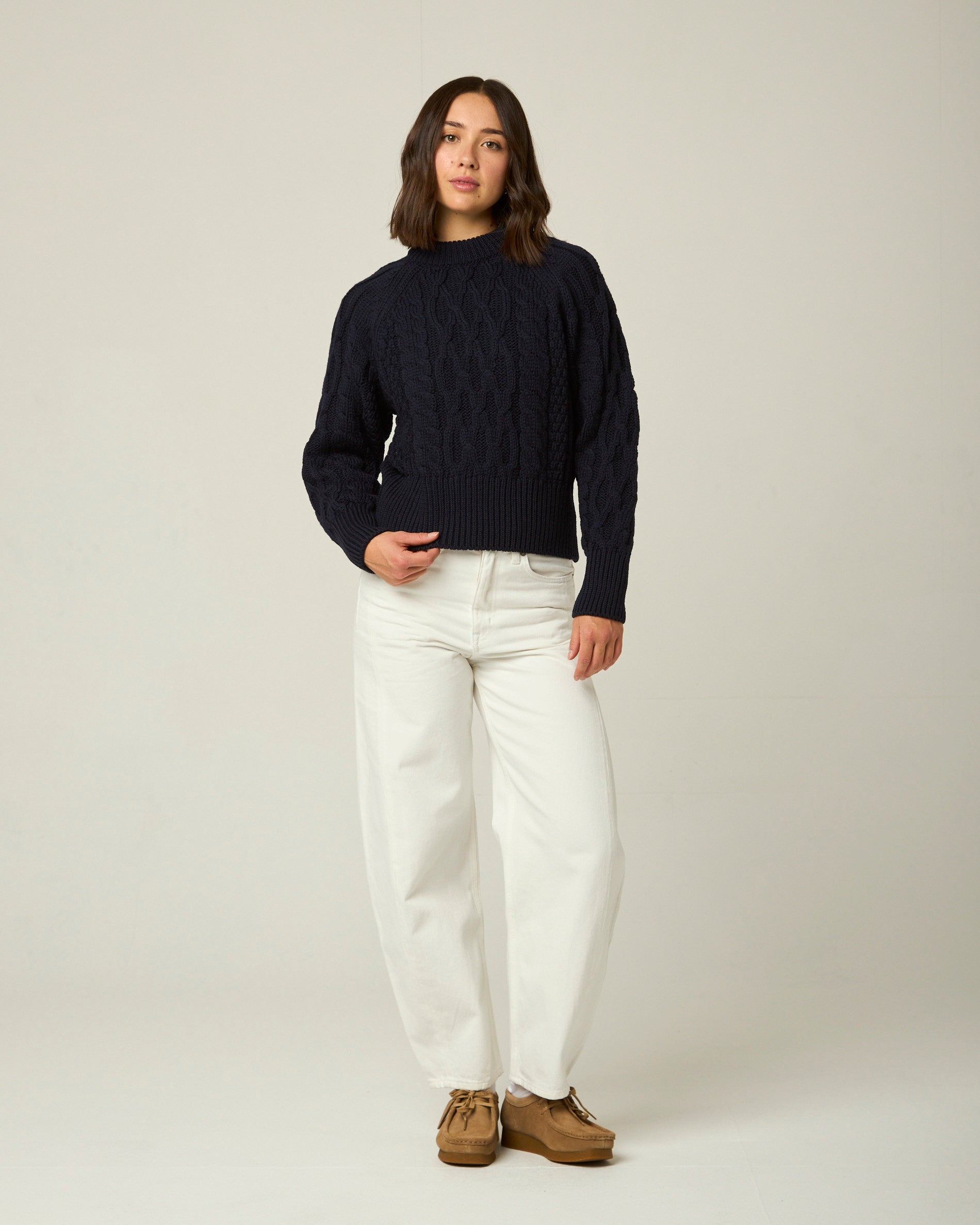 Image of model wearing Isobel Aran Jumper. Model is 5ft8, size UK 8 and wearing size Small