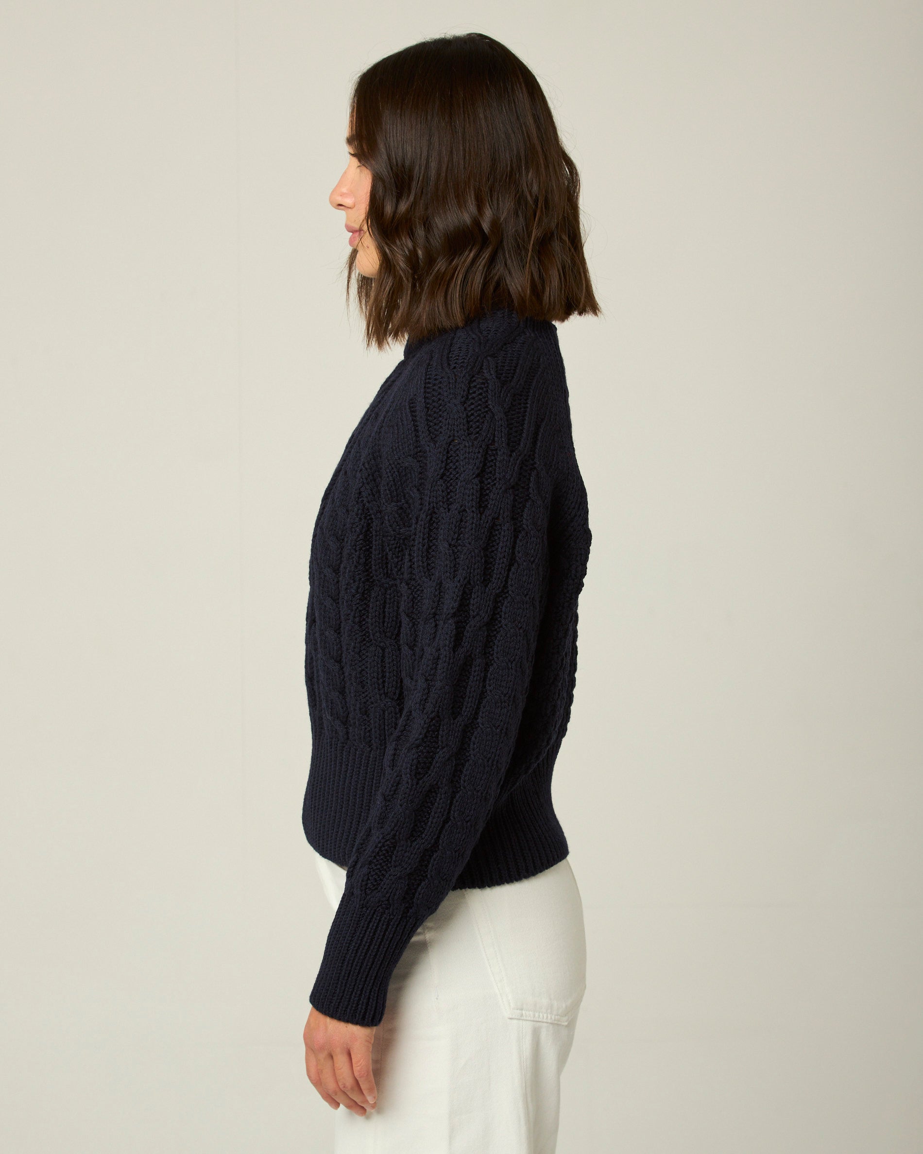 Image of model wearing Isobel Aran Jumper. Model is 5ft8, size UK 8 and wearing size Small