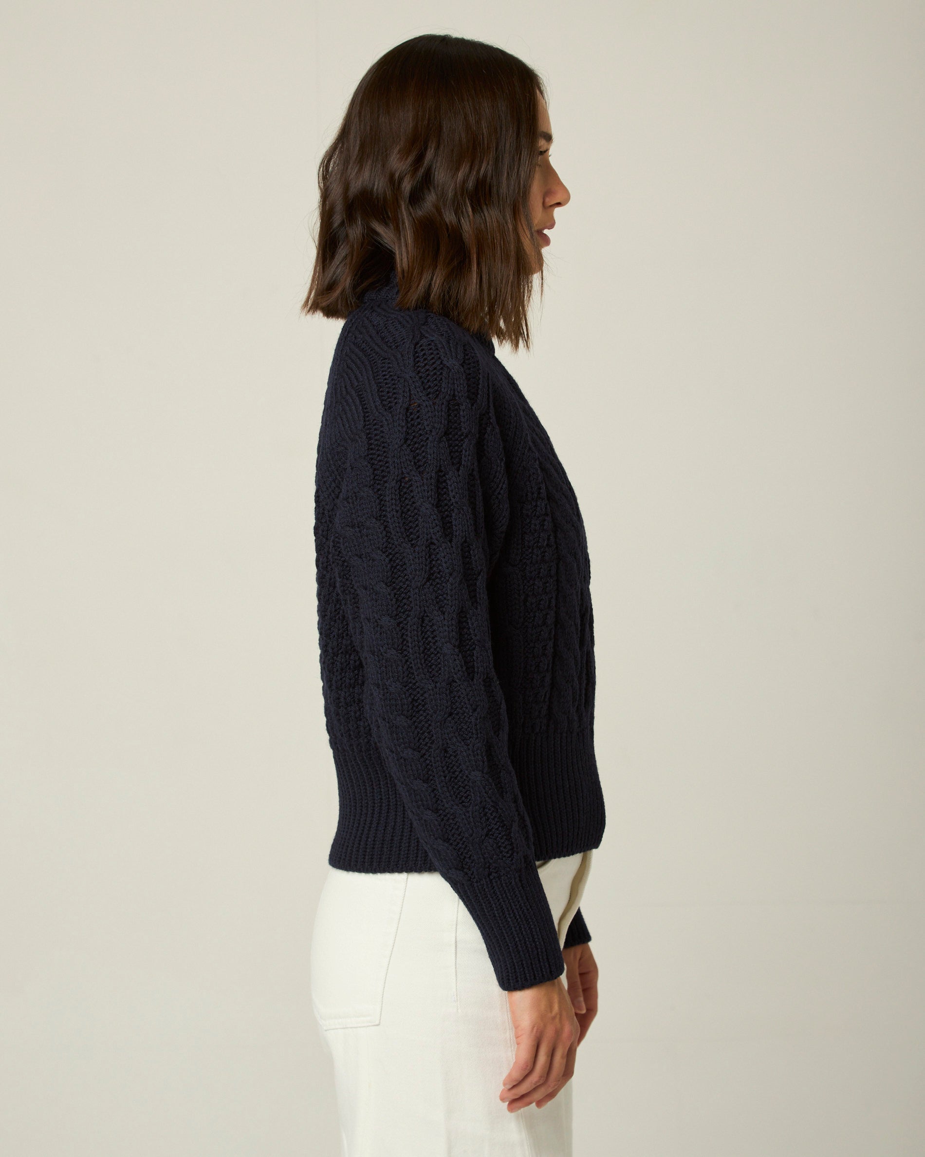 Image of model wearing Isobel Aran Jumper. Model is 5ft8, size UK 8 and wearing size Small