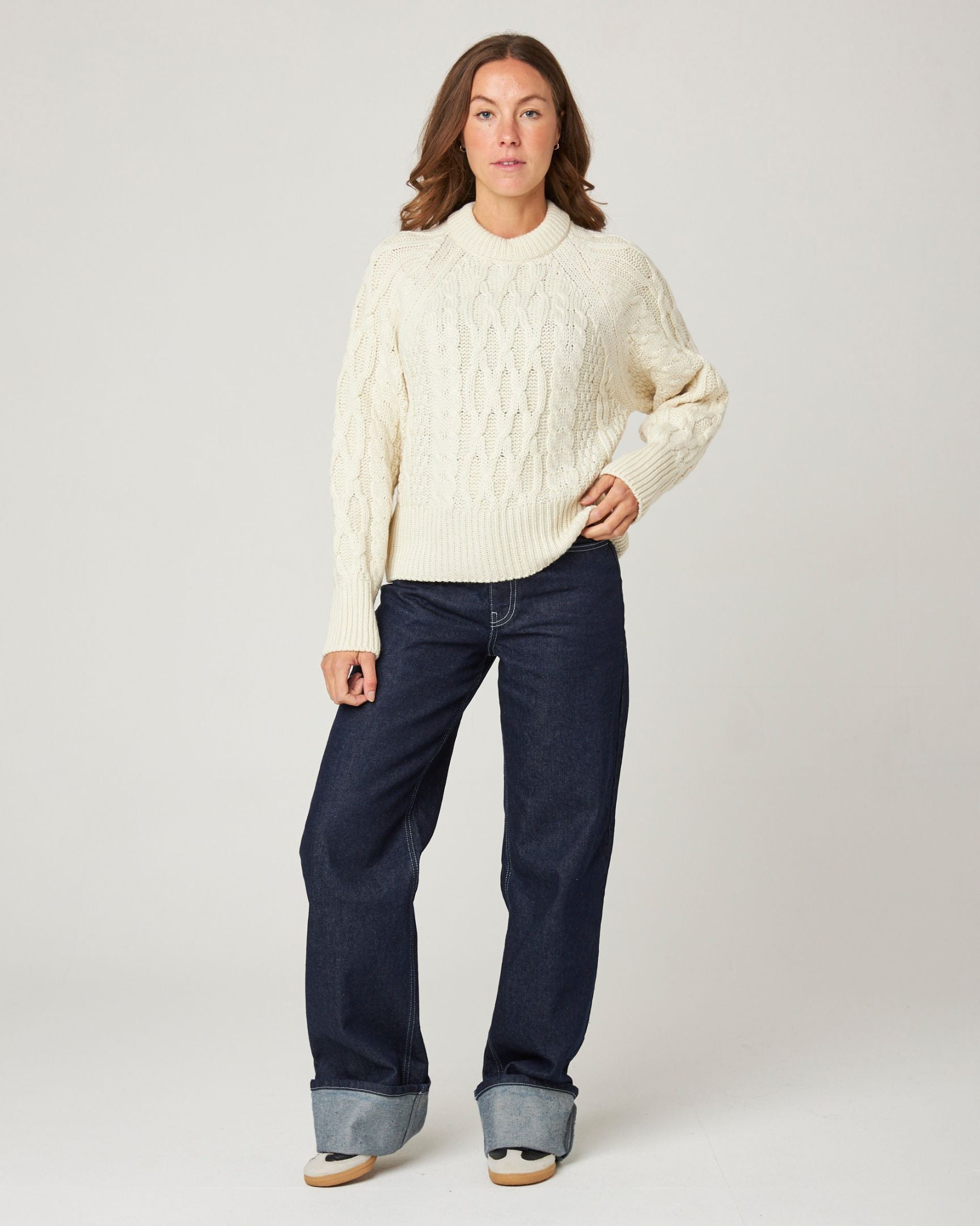 Image of model wearing Isobel Aran Jumper. Model is 5ft8, size UK 8 and wearing size Small