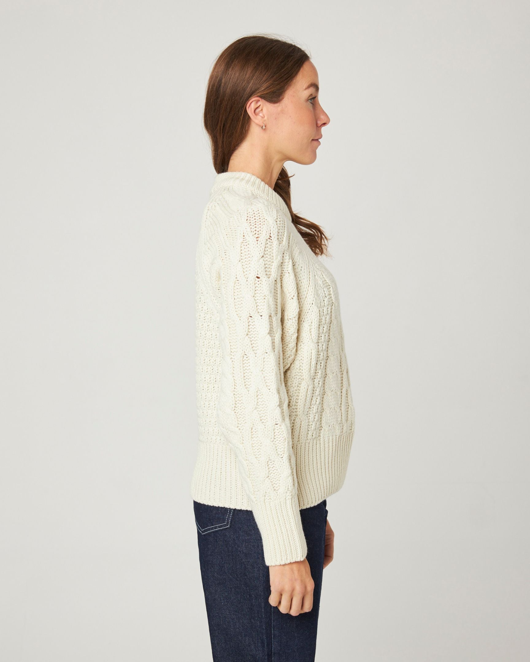 Image of model wearing Isobel Aran Jumper. Model is 5ft8, size UK 8 and wearing size Small