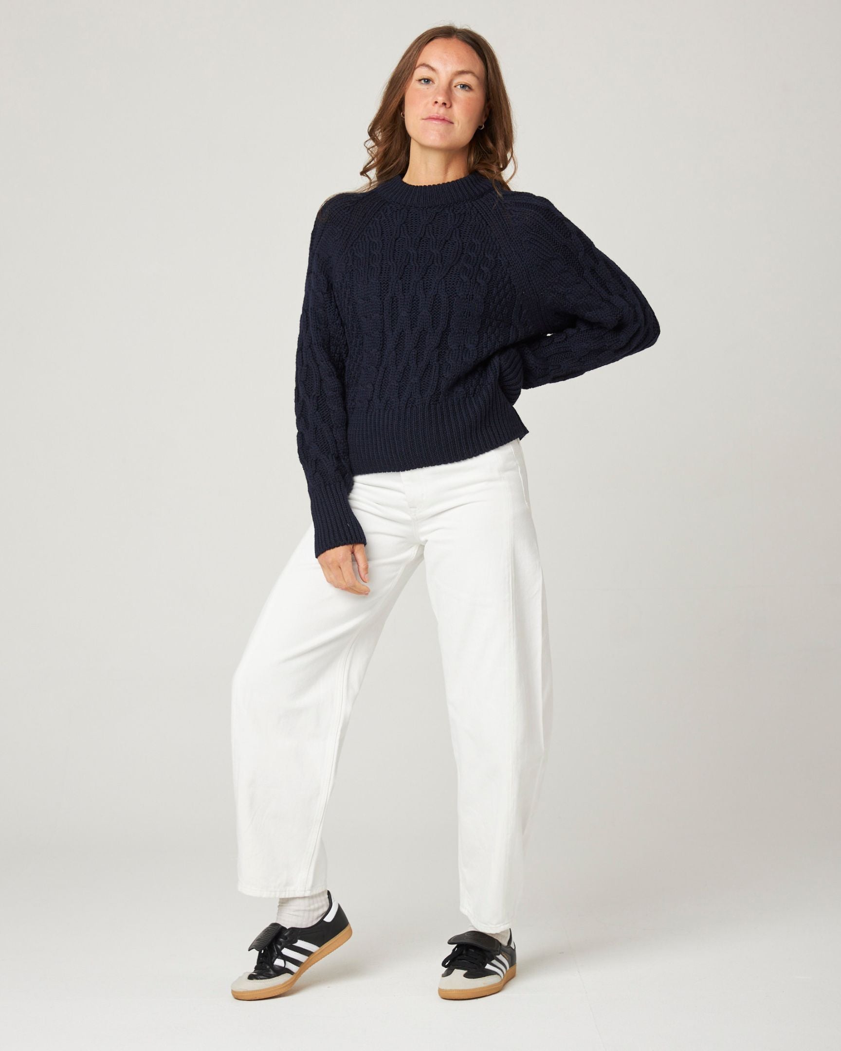 Image of model wearing Isobel Aran Jumper. Model is 5ft8, size UK 8 and wearing size Small