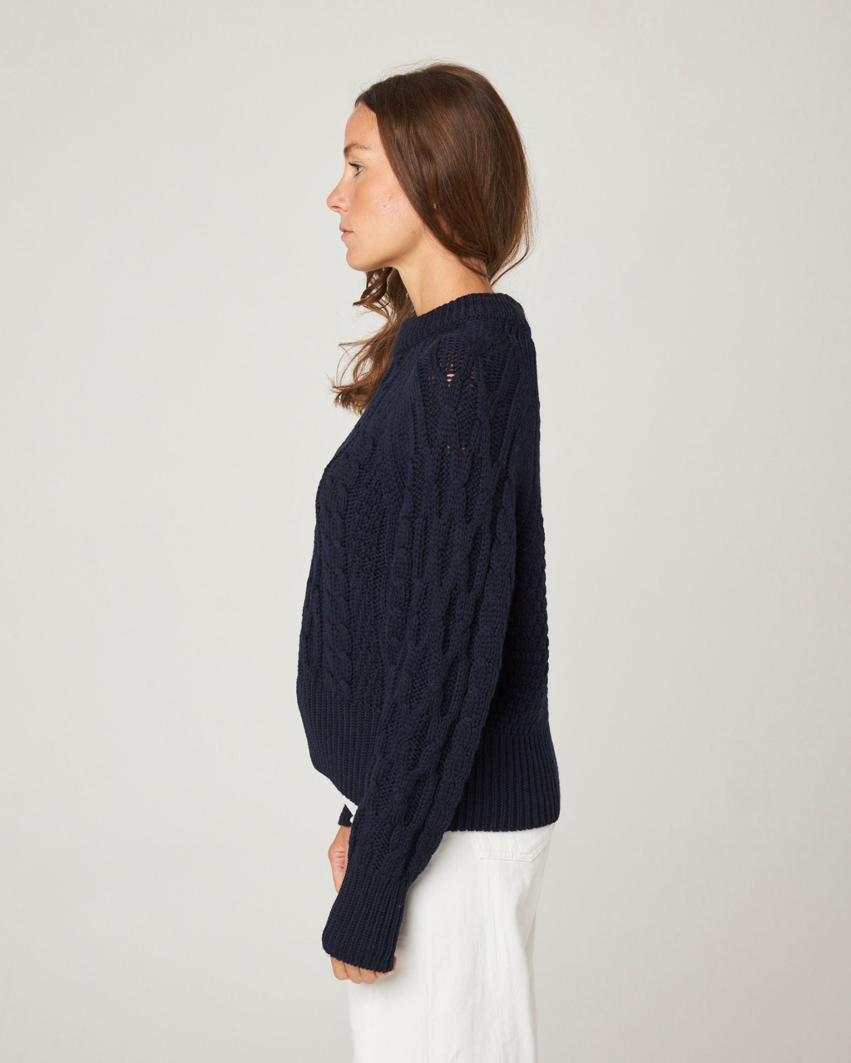 Image of model wearing Isobel Aran Jumper. Model is 5ft8, size UK 8 and wearing size Small