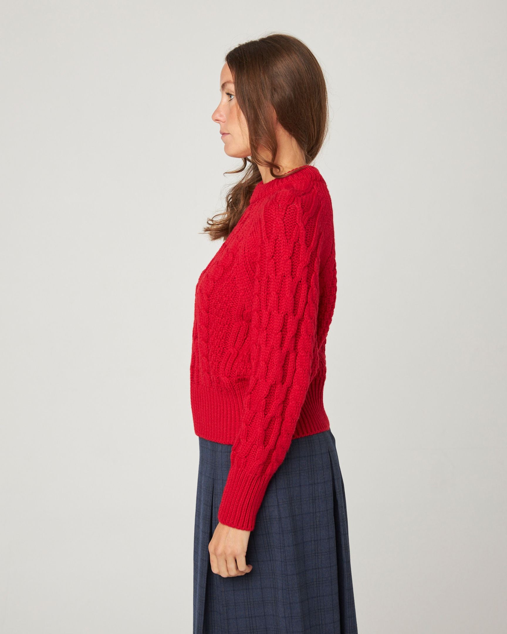 Image of model wearing Isobel Aran Jumper. 