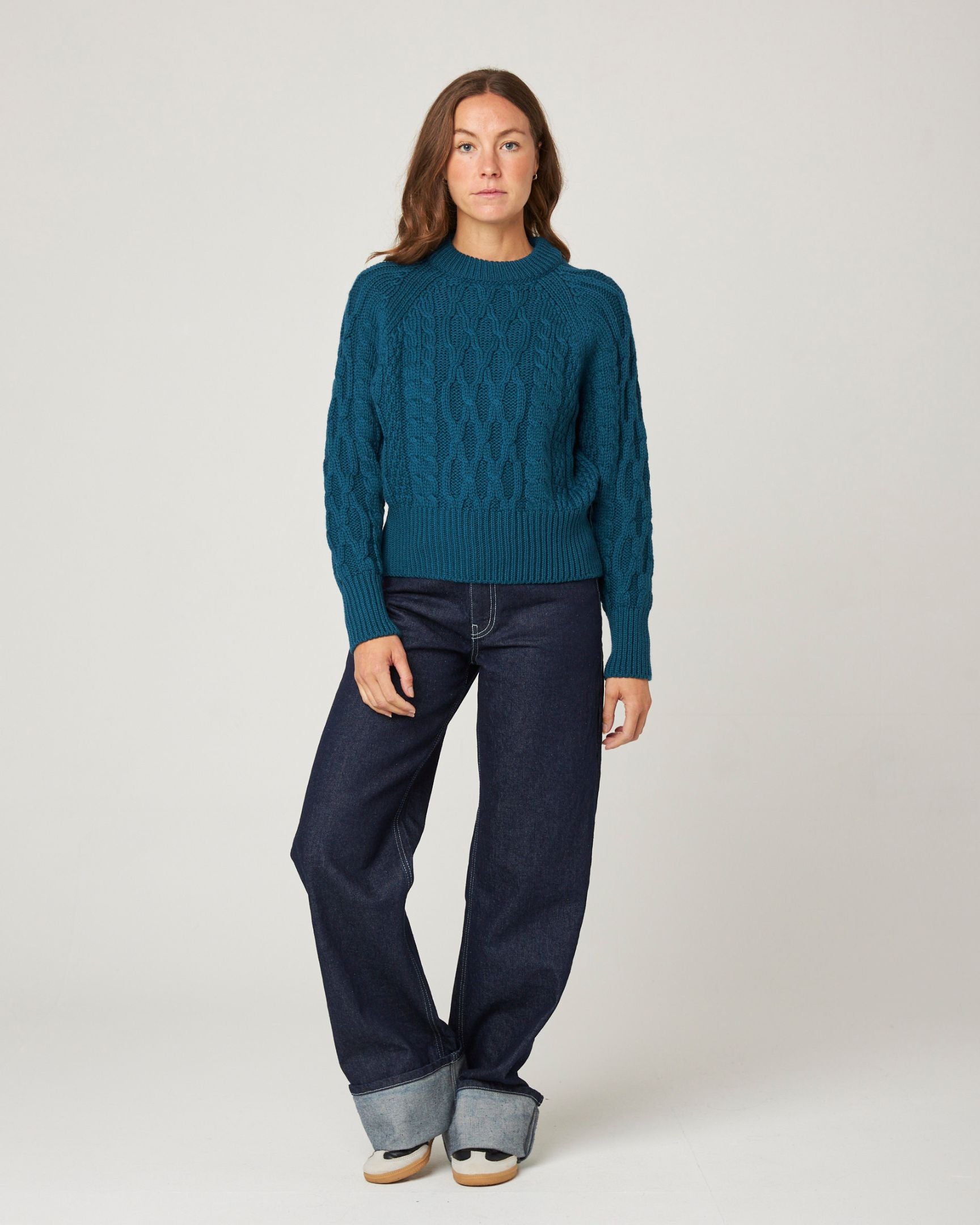 Image of model wearing Isobel Aran Jumper. Model is 5ft8, size UK 8 and wearing size Medium