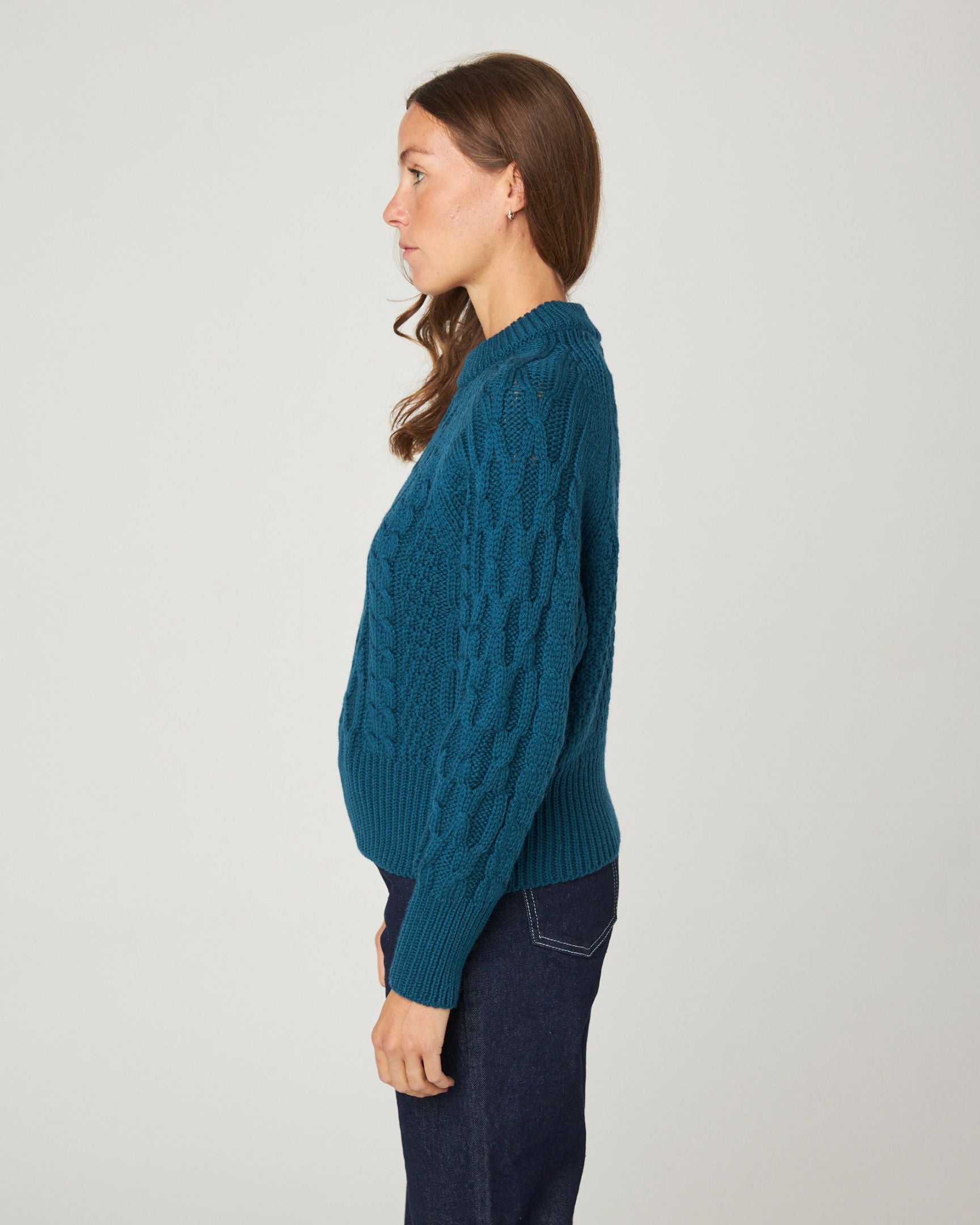 Image of model wearing Isobel Aran Jumper. Model is 5ft8, size UK 8 and wearing size Medium