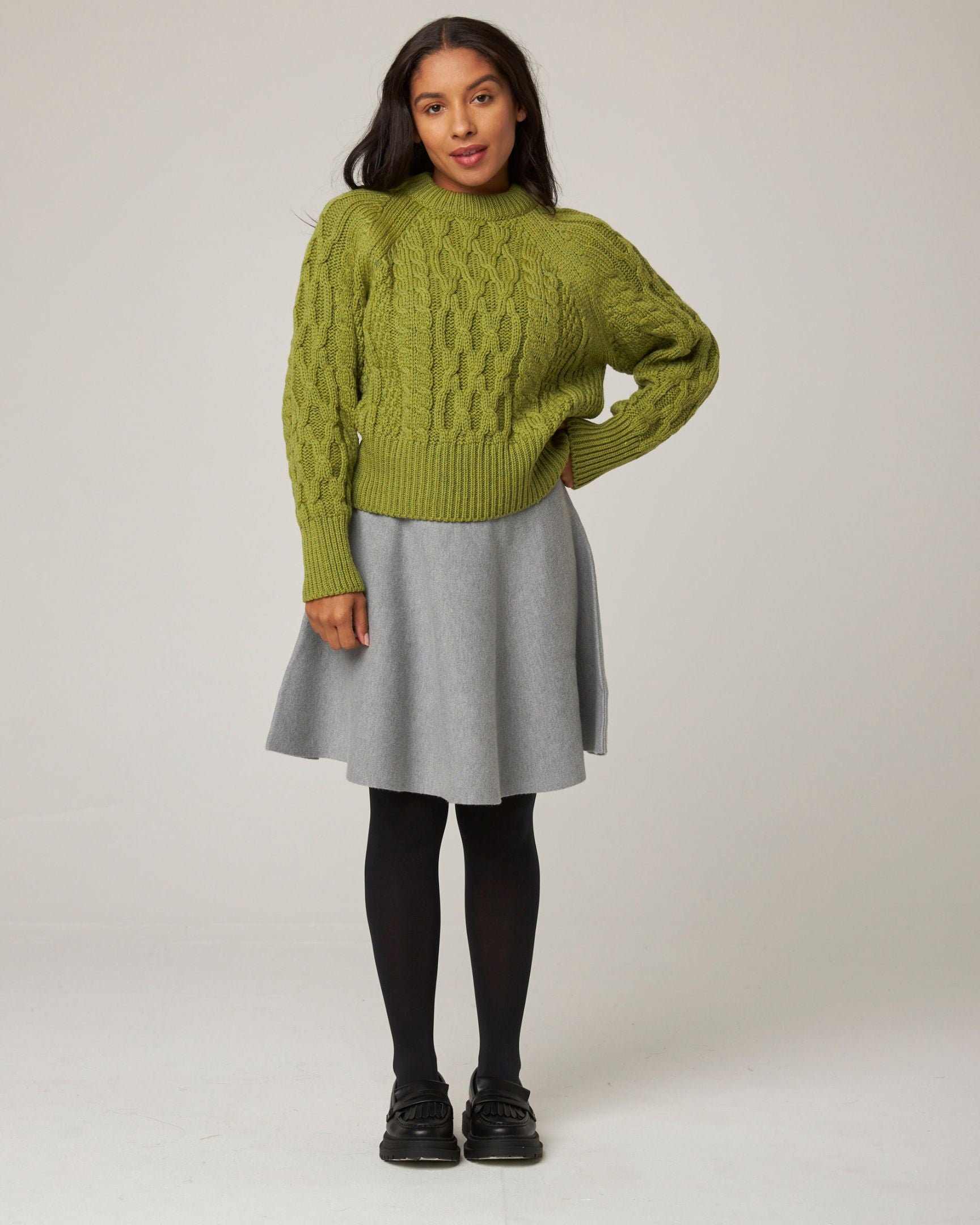 Image of model wearing Isobel Aran Jumper. 