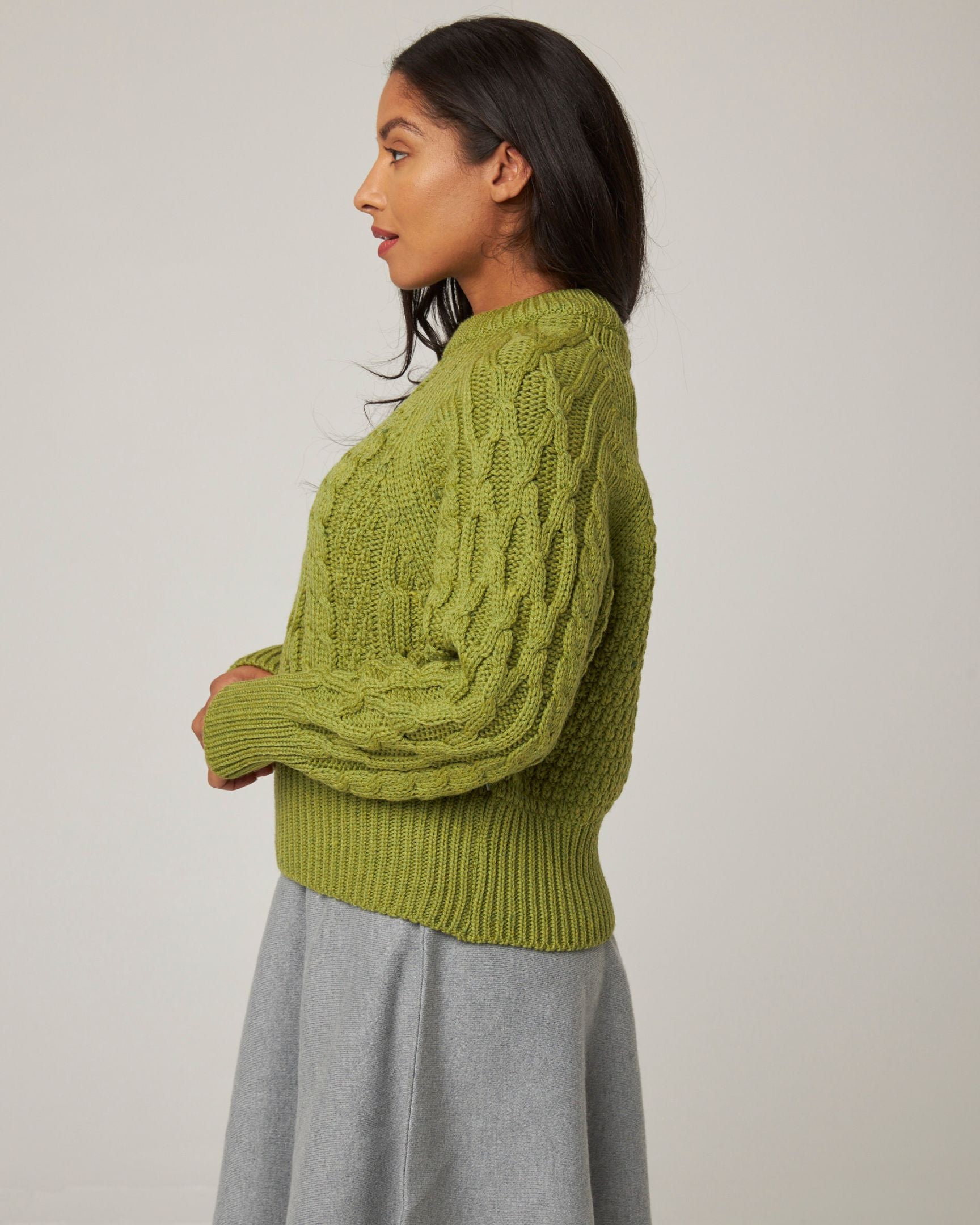 Image of model wearing Isobel Aran Jumper. 