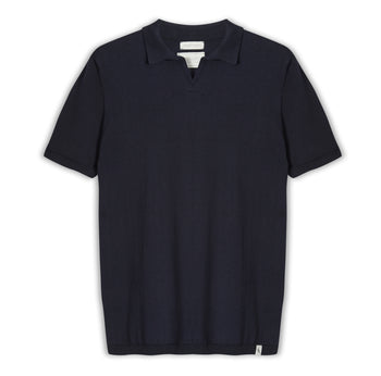Image of model wearing Knitted Emery Polo Shirt. Model is 6ft, chest size 36in and wearing size Medium