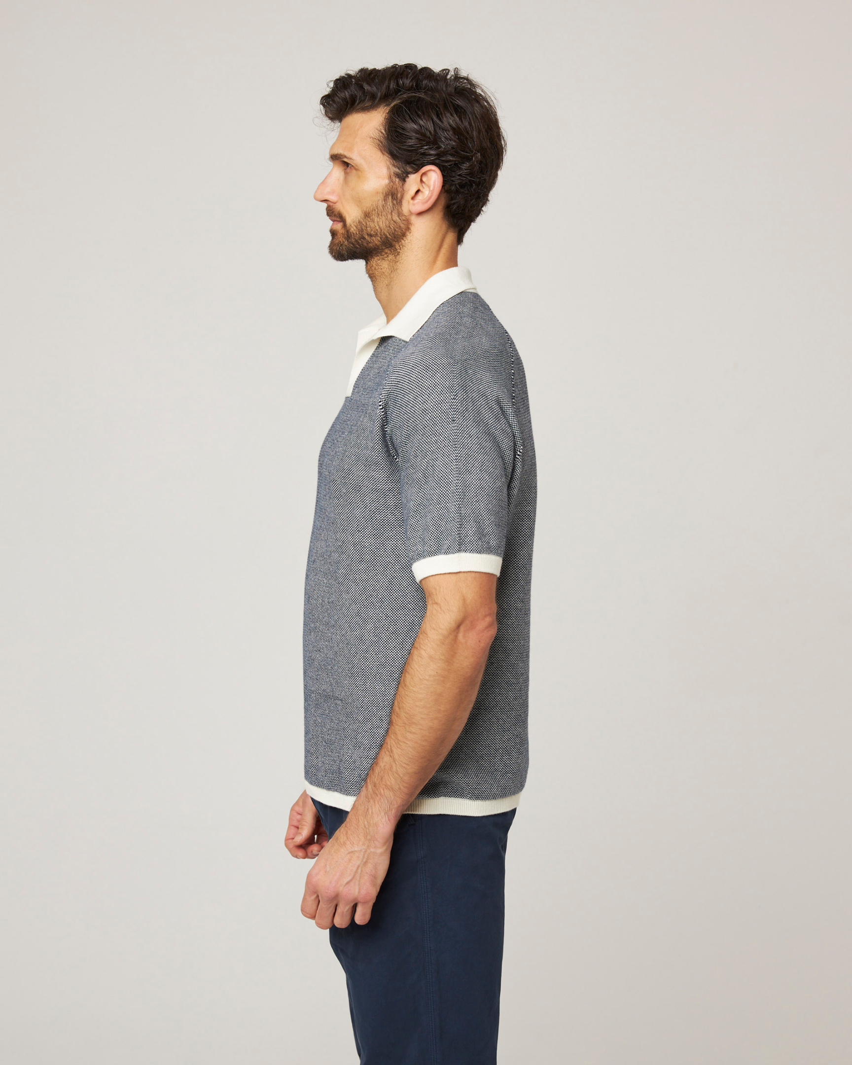 Image of model wearing Lynton Polo Shirt. 