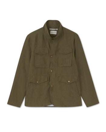 Image of model wearing Malvern Linen Jacket. 