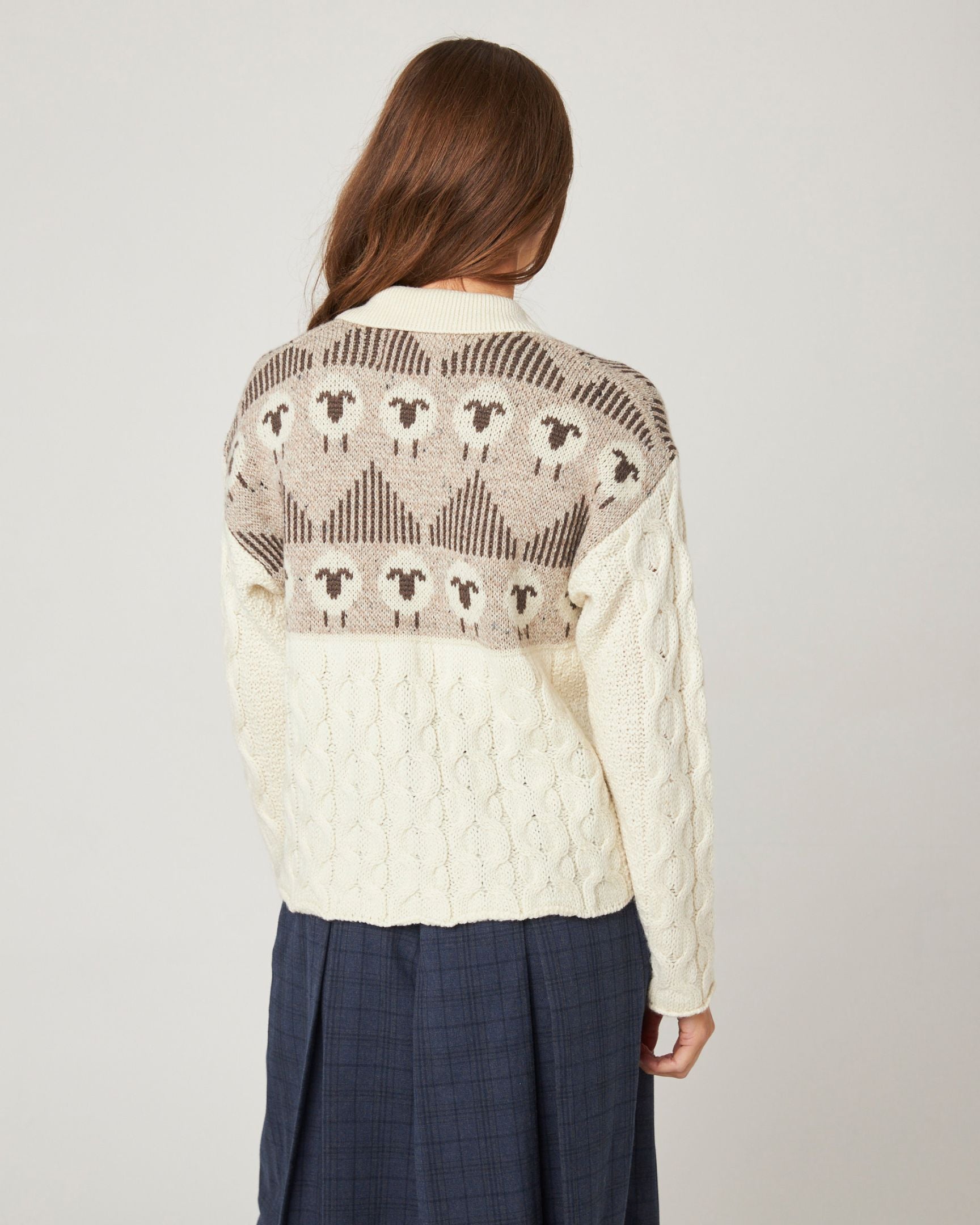 Image of model wearing Megan Sheep Cardigan. 