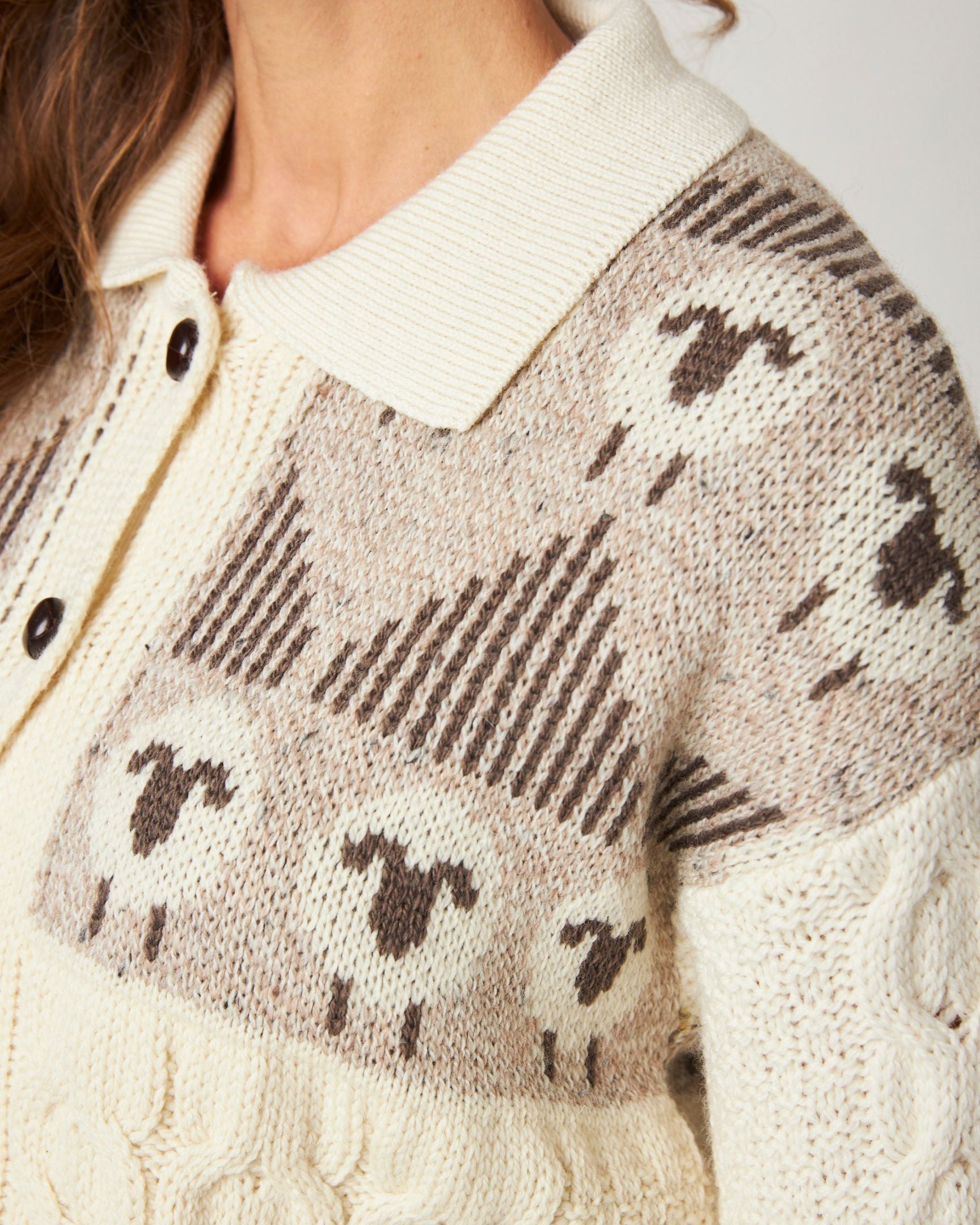 Image of model wearing Megan Sheep Cardigan. 