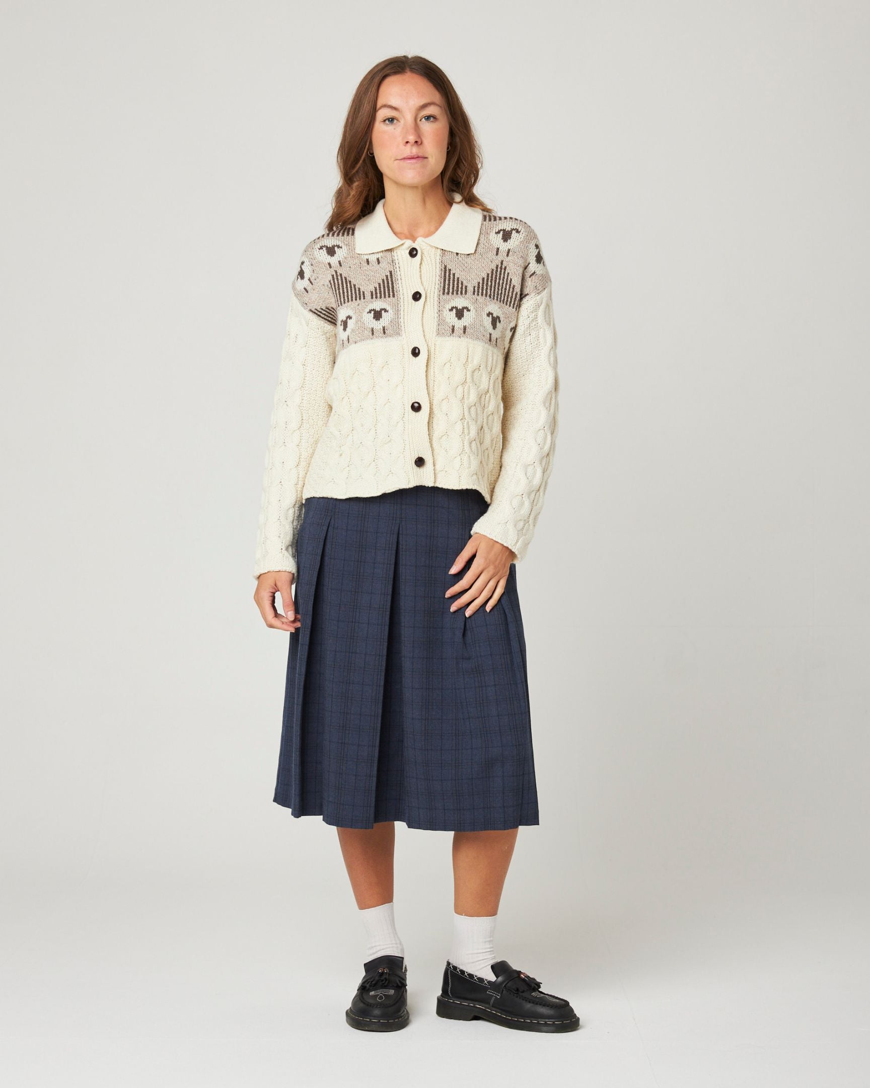 Image of model wearing Megan Sheep Cardigan. 
