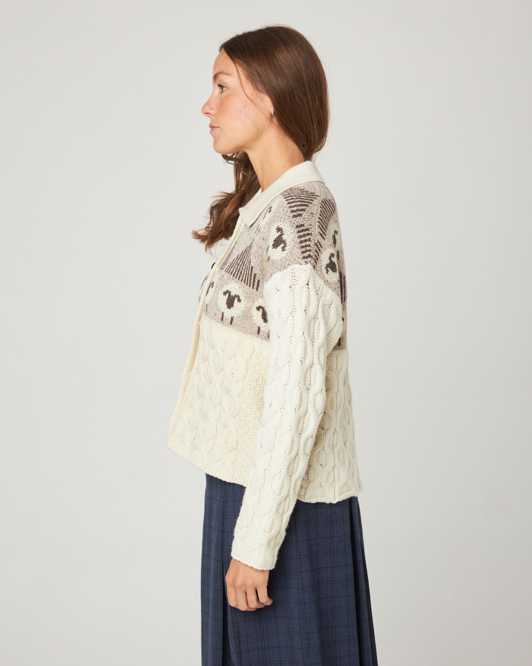 Image of model wearing Megan Sheep Cardigan. 