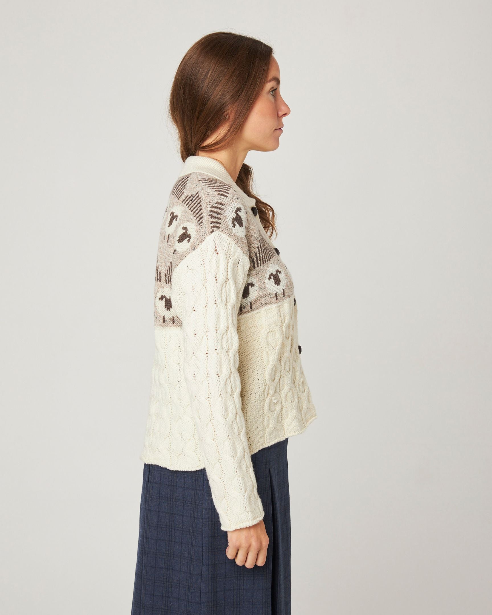 Image of model wearing Megan Sheep Cardigan. 