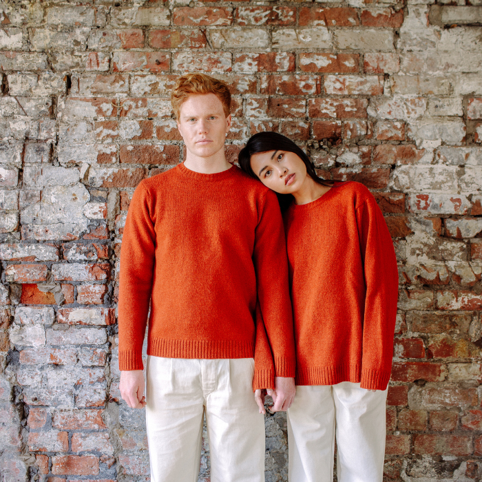 Image of model wearing Makers Stitch Jumper. Model is 6ft1in, chest size 38in and wearing size Large