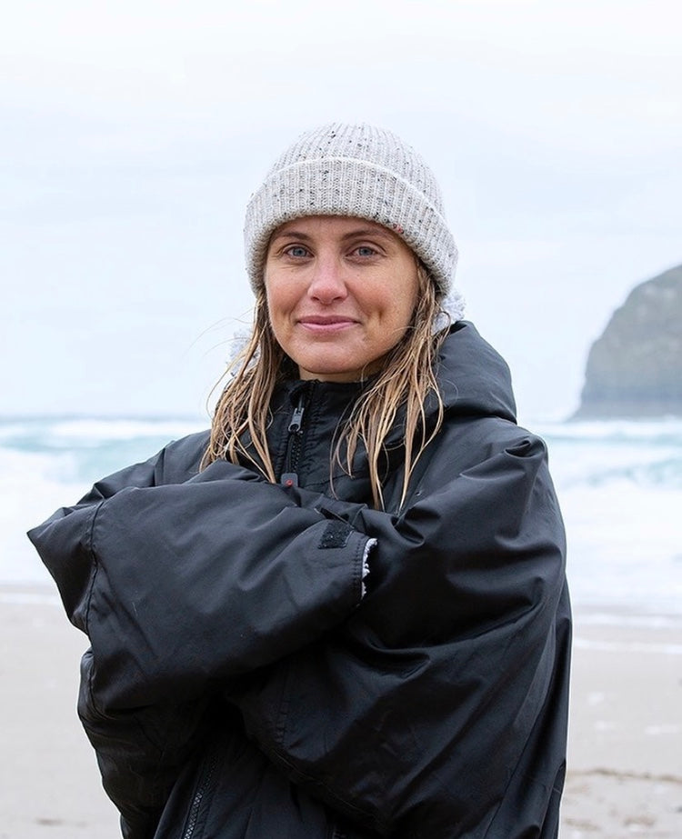 Image of model wearing Porter Ribbed Beanie. One Size 