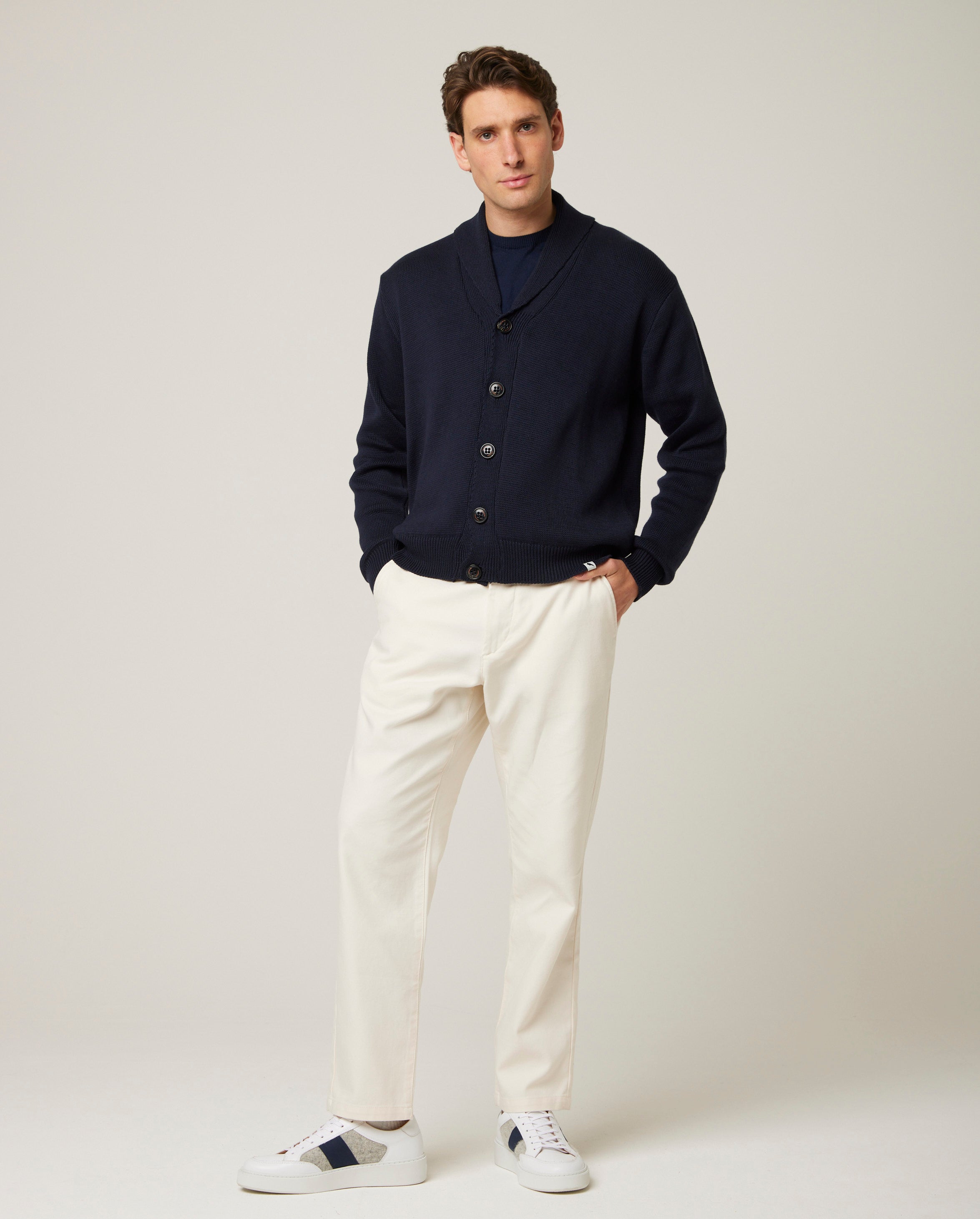 Image of model wearing Richmond Cardigan. 