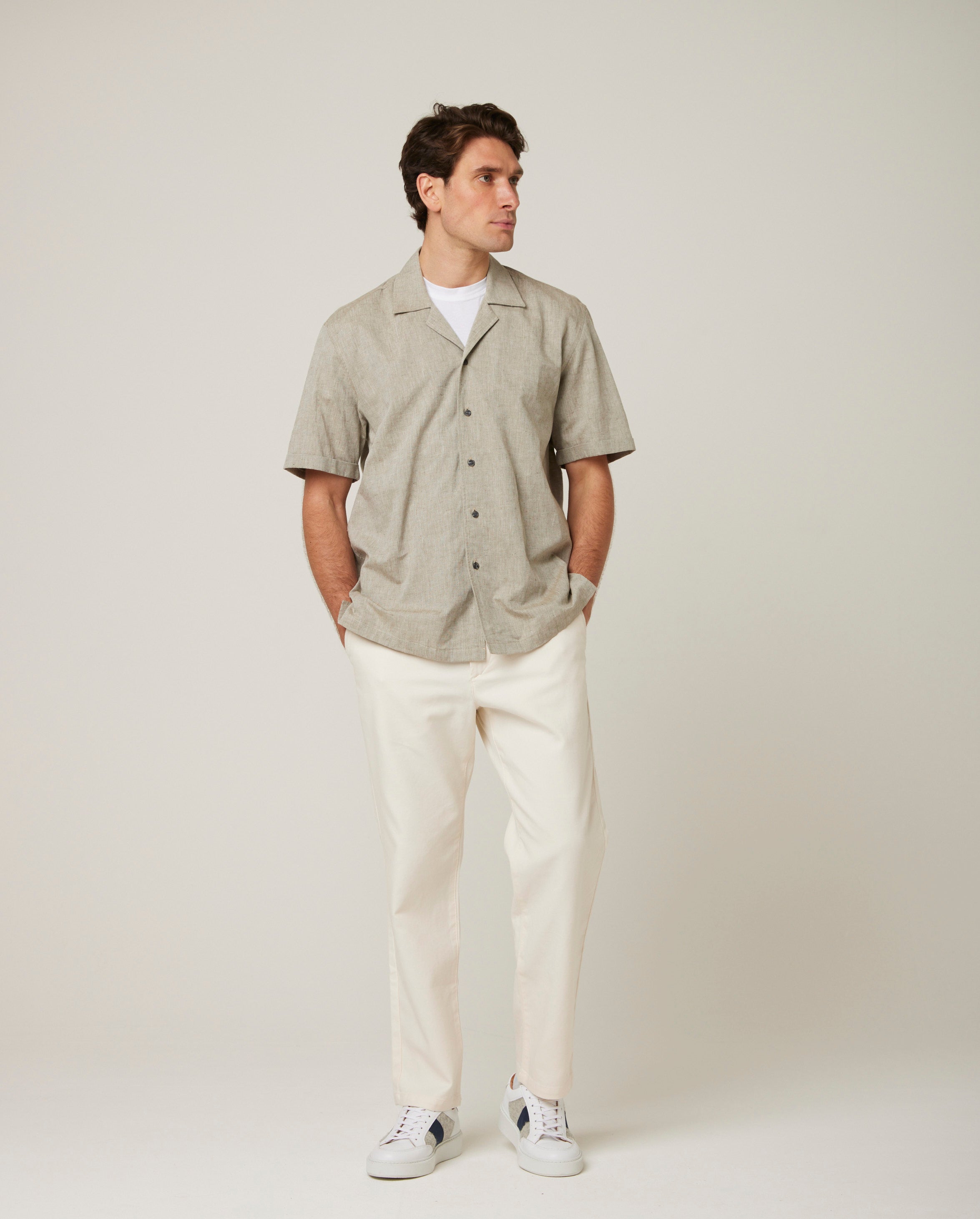 Image of model wearing Linen Short Sleeve Shirt . 