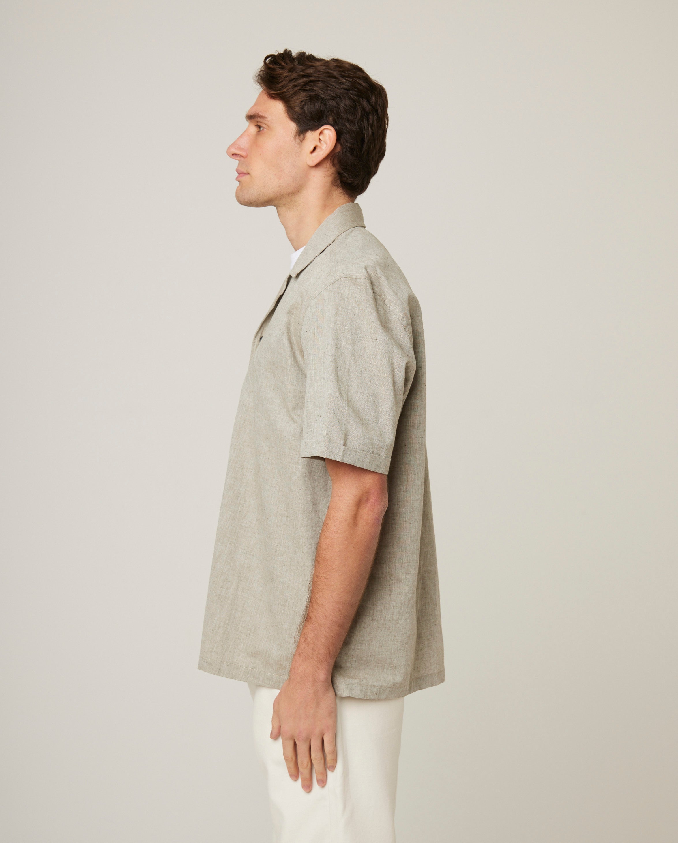 Image of model wearing Linen Short Sleeve Shirt . 
