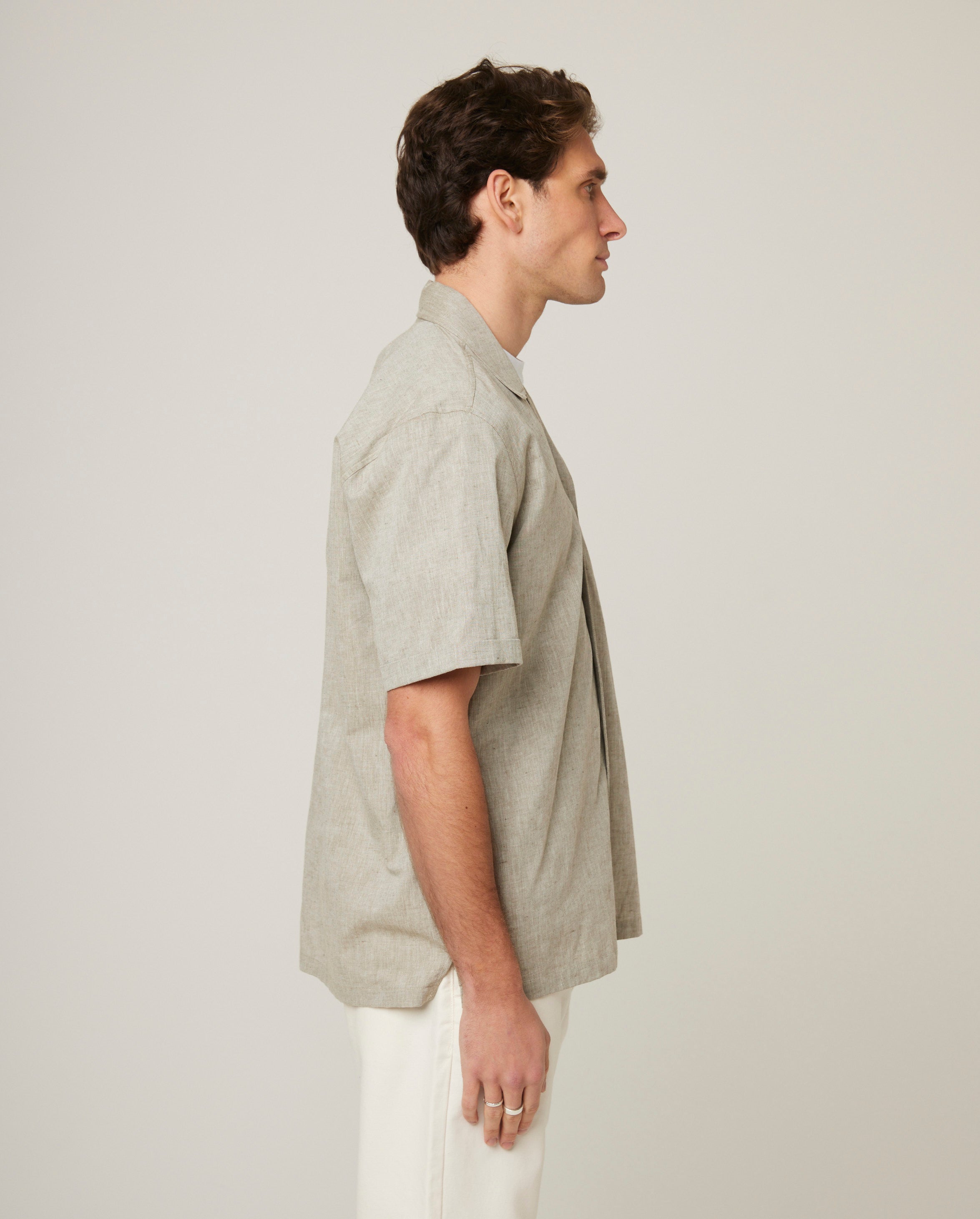 Image of model wearing Linen Short Sleeve Shirt . 