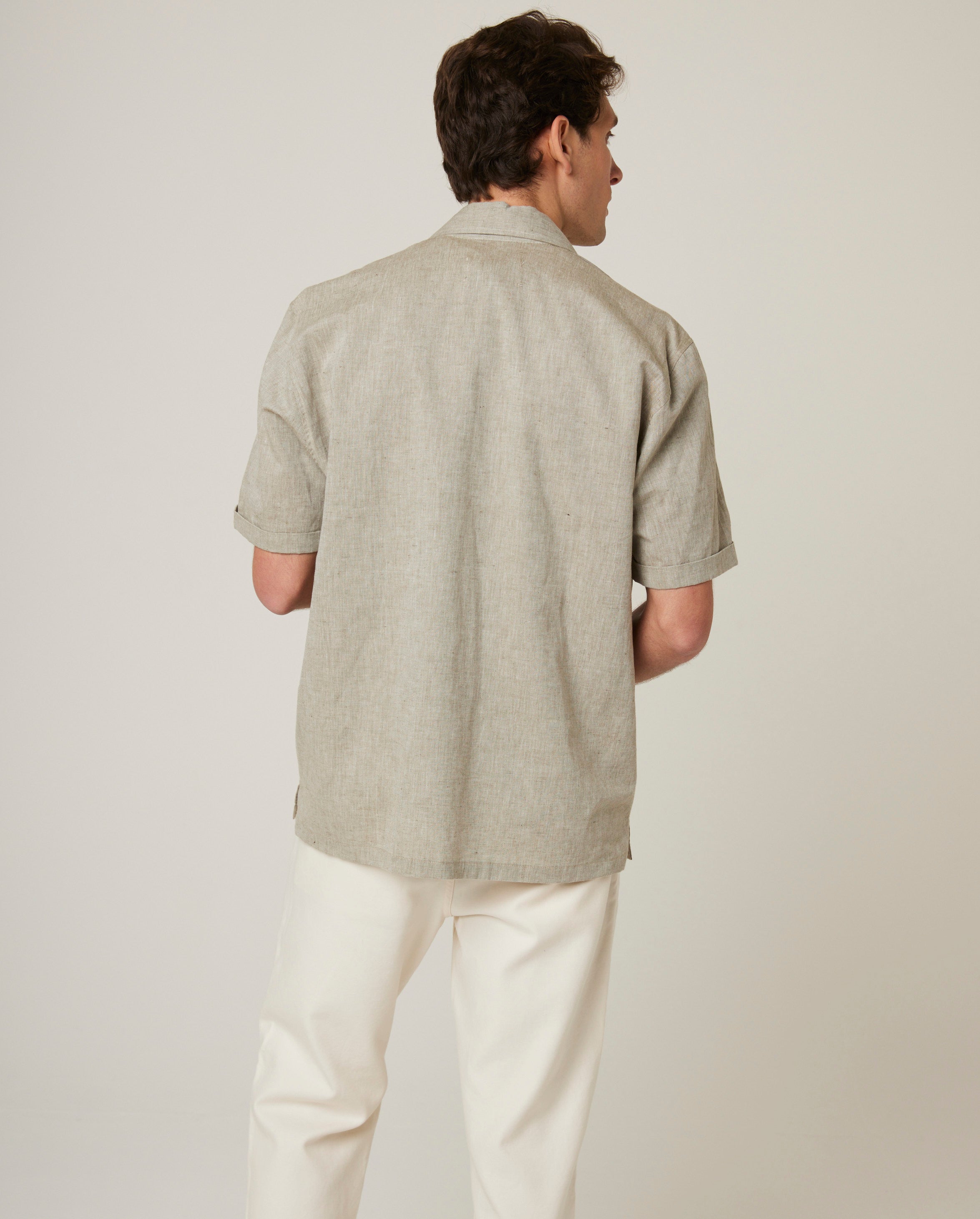 Image of model wearing Linen Short Sleeve Shirt . 