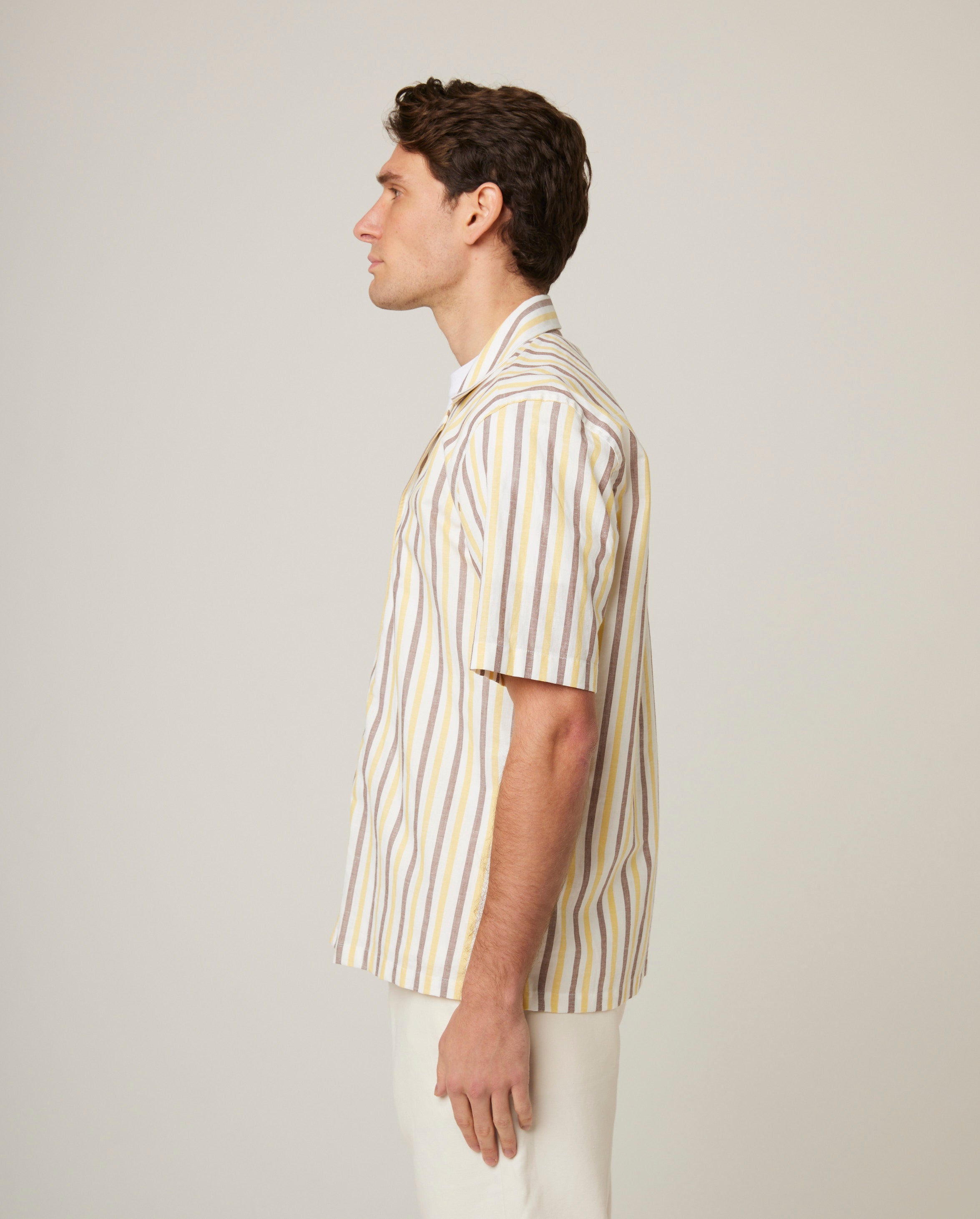 Image of model wearing Linen Short Sleeve Shirt . 