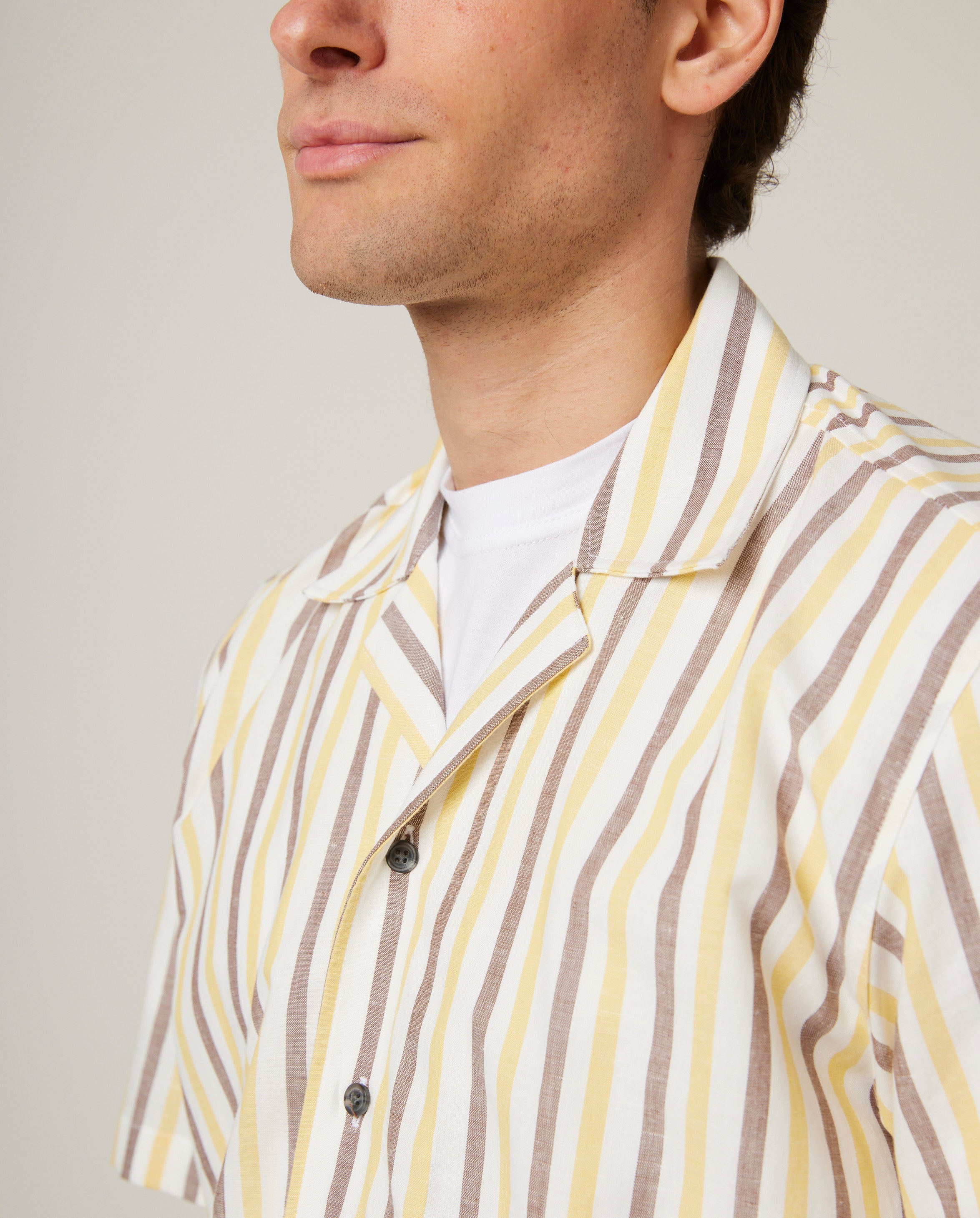 Image of model wearing Linen Short Sleeve Shirt . 