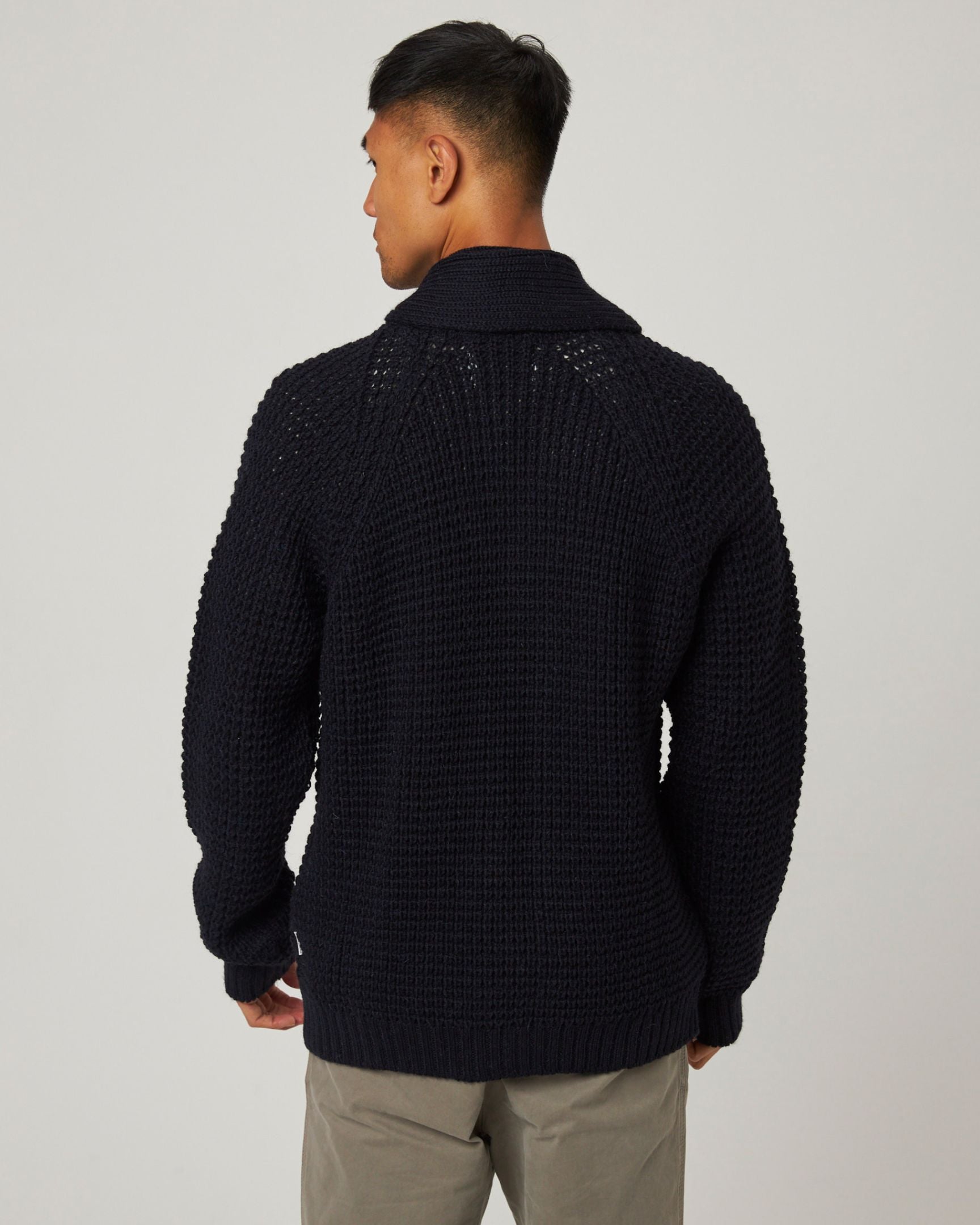 Image of model wearing Waffle Shawl Cardigan. Model is 6ft1in, chest size 38in and wearing size Large