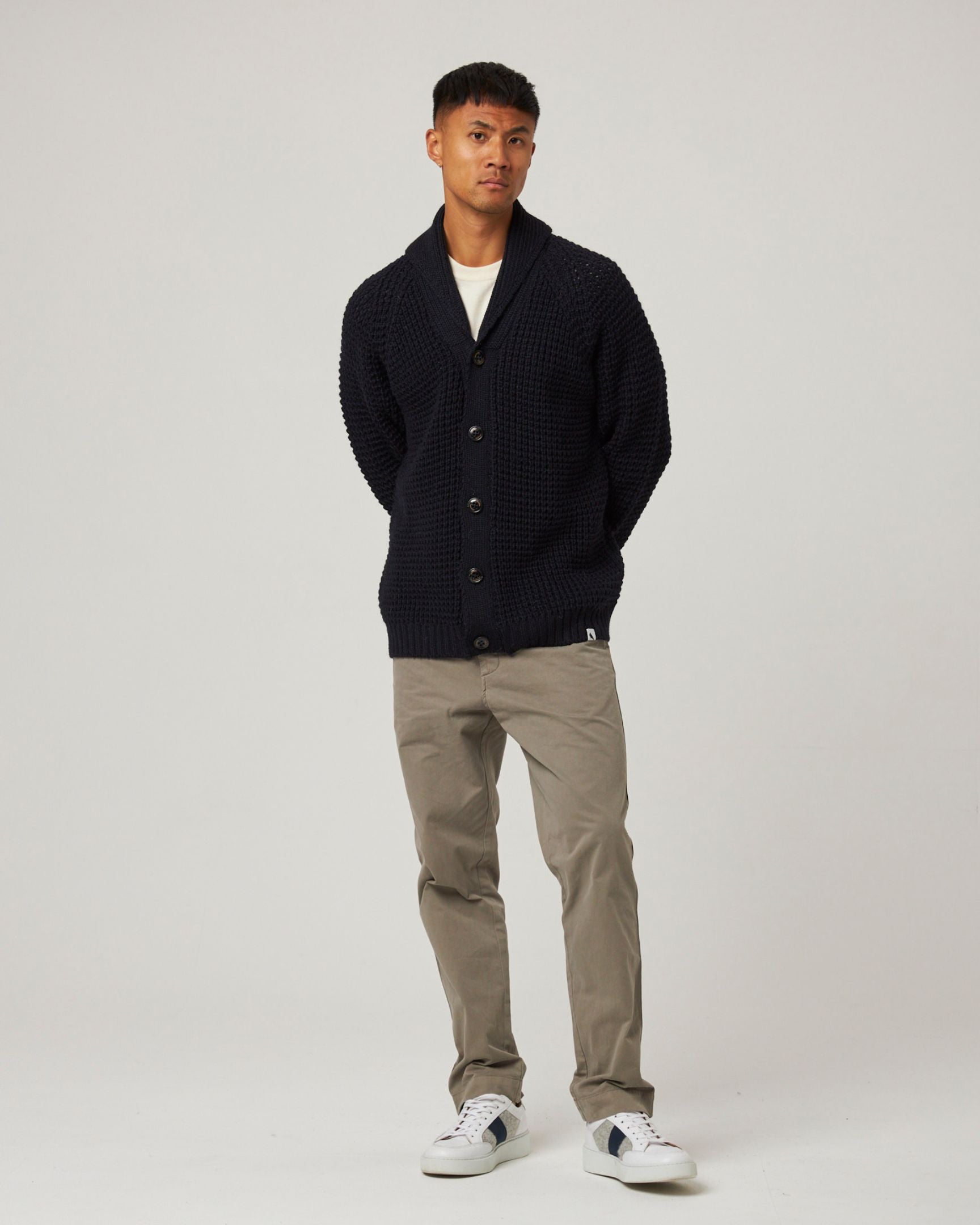 Image of model wearing Waffle Shawl Cardigan. Model is 6ft1in, chest size 38in and wearing size Large