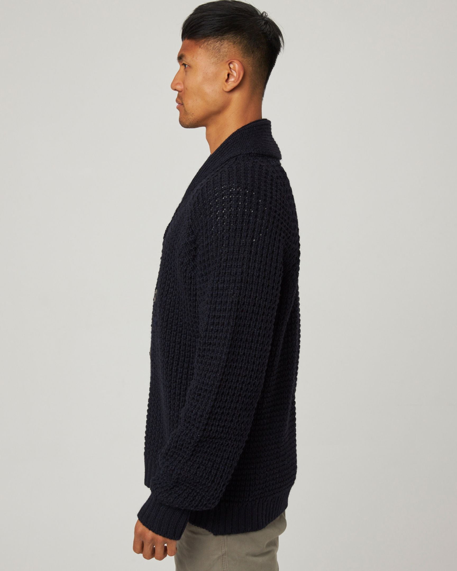 Image of model wearing Waffle Shawl Cardigan. Model is 6ft1in, chest size 38in and wearing size Large